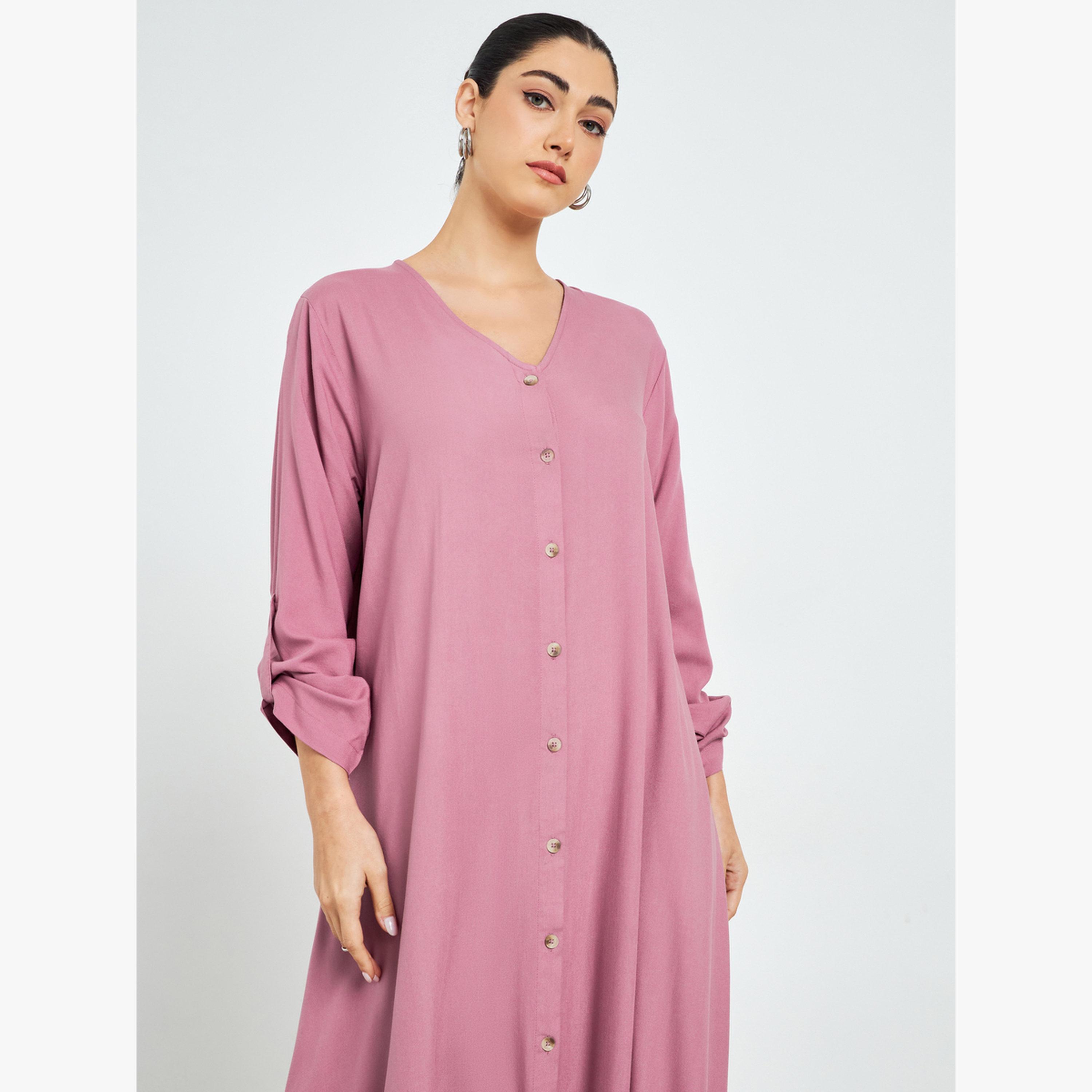Styli Pink Buttoned Roll-Up Sleeve Jalabiya-women-arabicclothing-jalabiyas-image-2