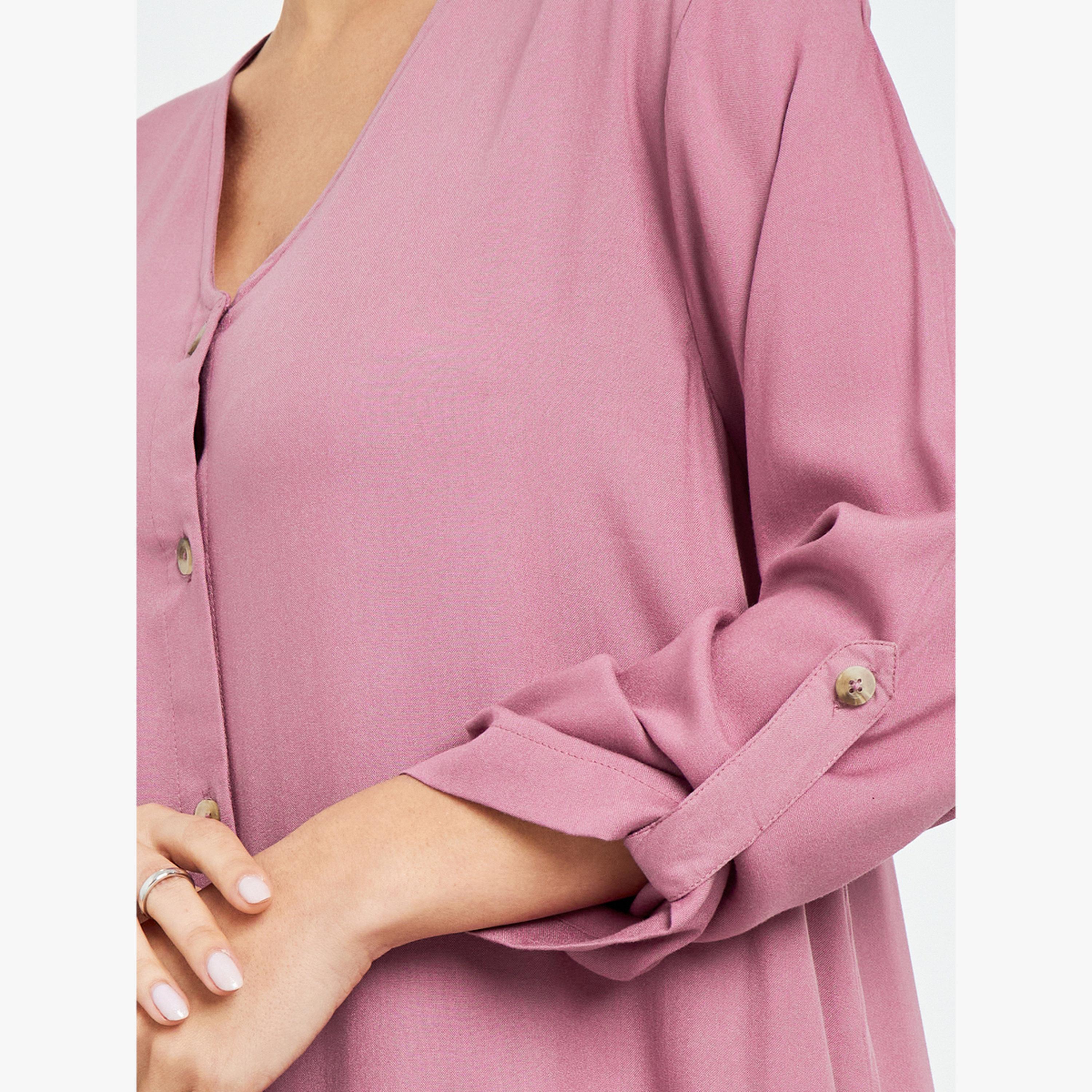 Styli Pink Buttoned Roll-Up Sleeve Jalabiya-women-arabicclothing-jalabiyas-image-4