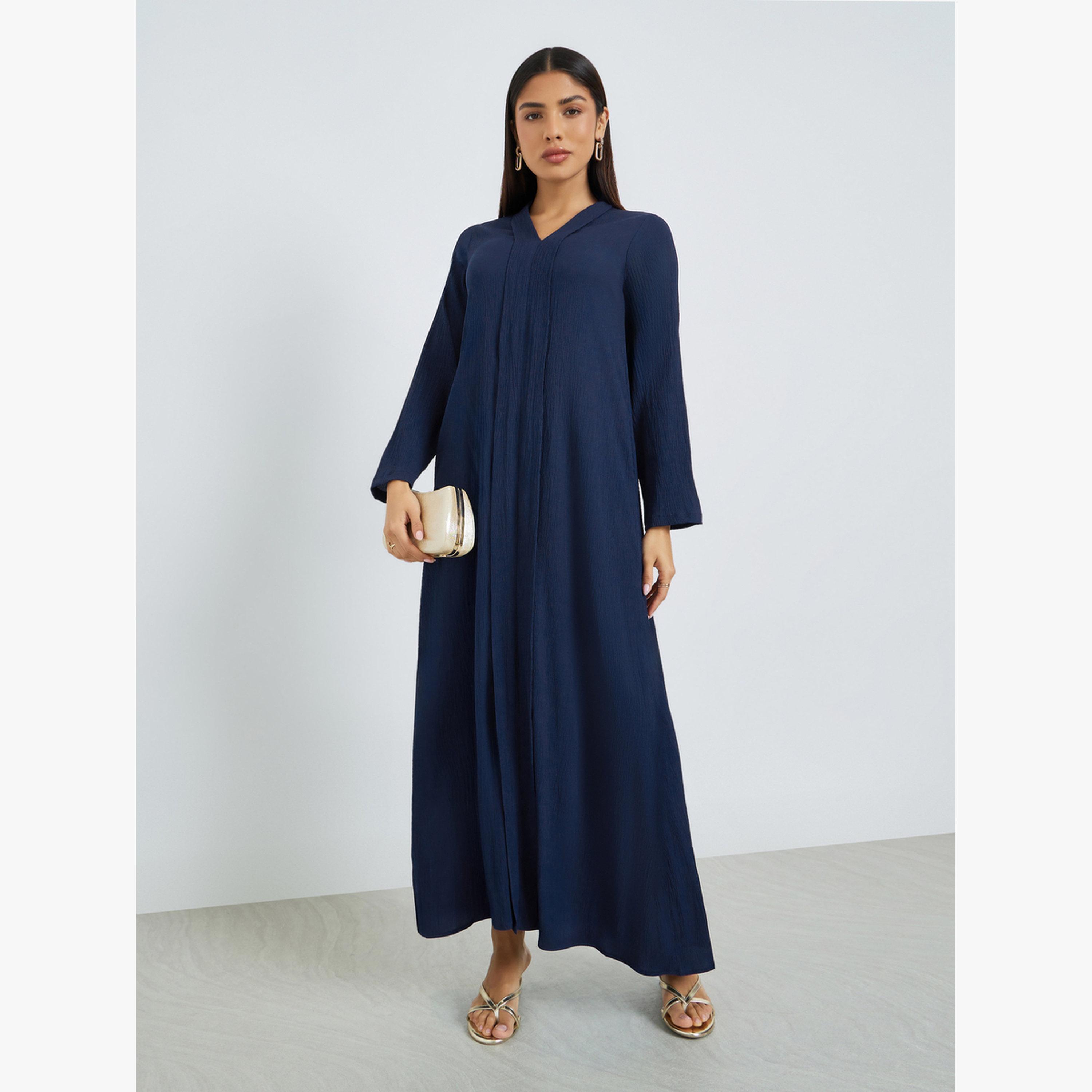 Styli Navy Blue Crepe V Neck Jalabiya-women-arabicclothing-jalabiyas-image-1