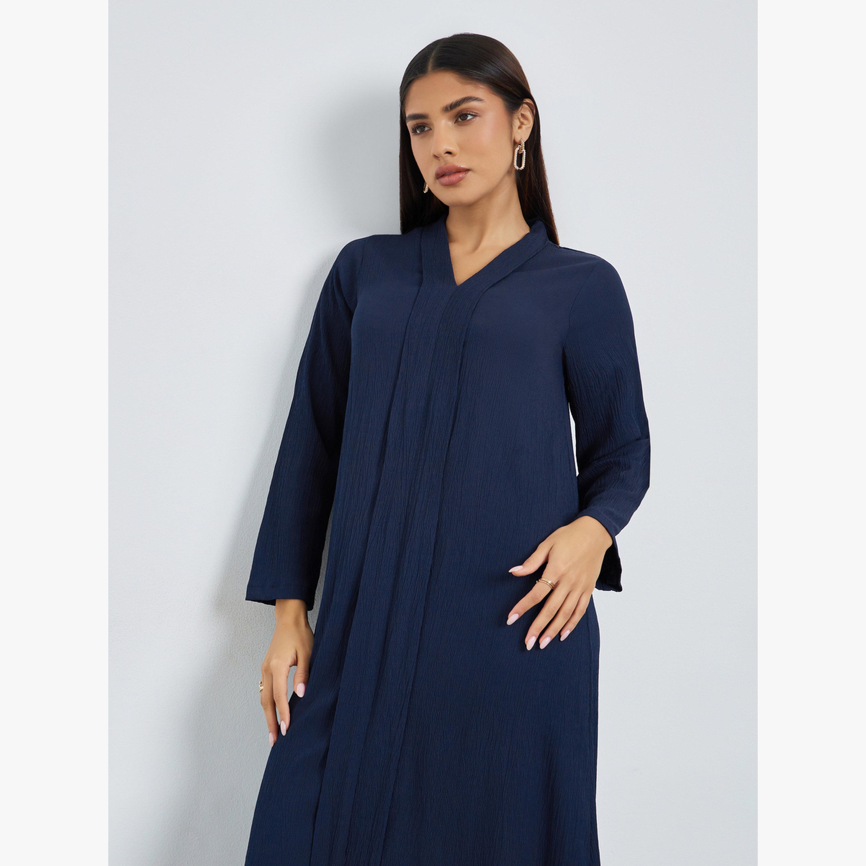 Styli Navy Blue Crepe V Neck Jalabiya-women-arabicclothing-jalabiyas-image-2