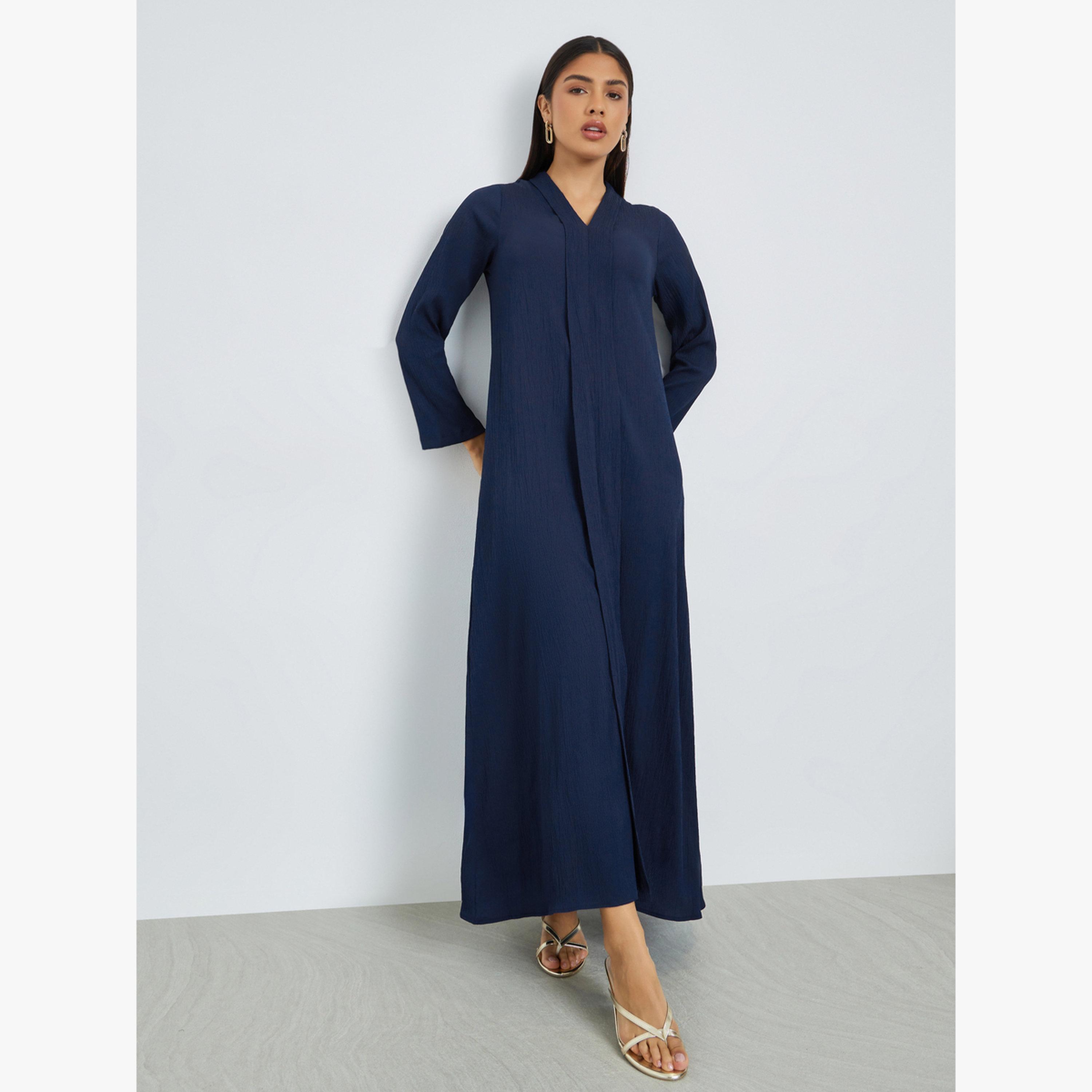 Styli Navy Blue Crepe V Neck Jalabiya-women-arabicclothing-jalabiyas-image-3