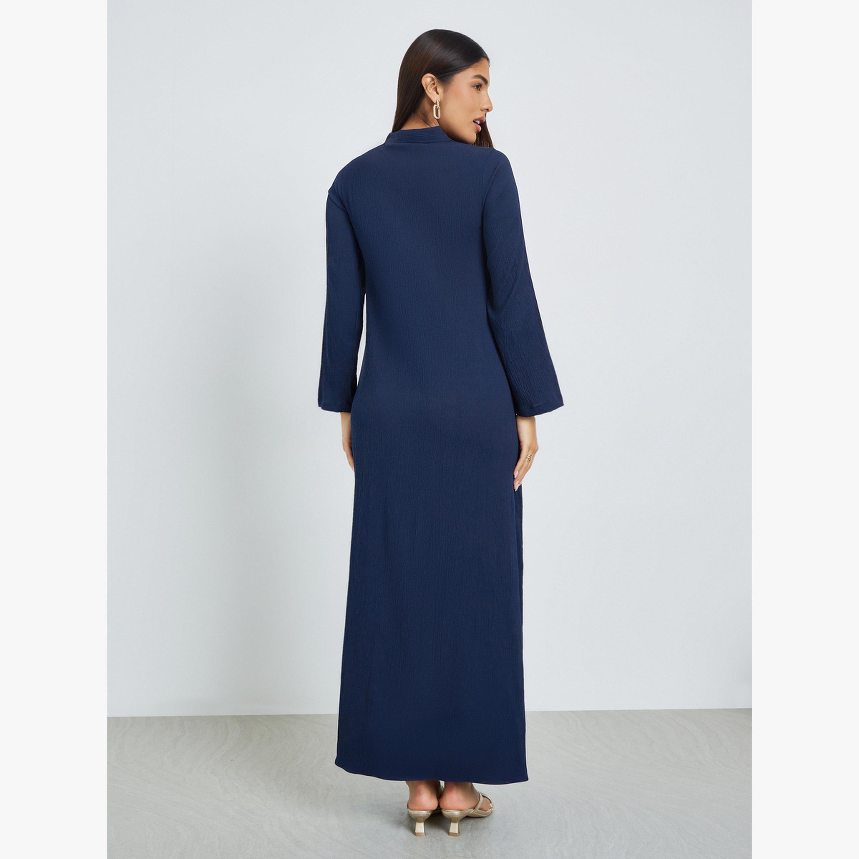 Styli Navy Blue Crepe V Neck Jalabiya-women-arabicclothing-jalabiyas-image-4