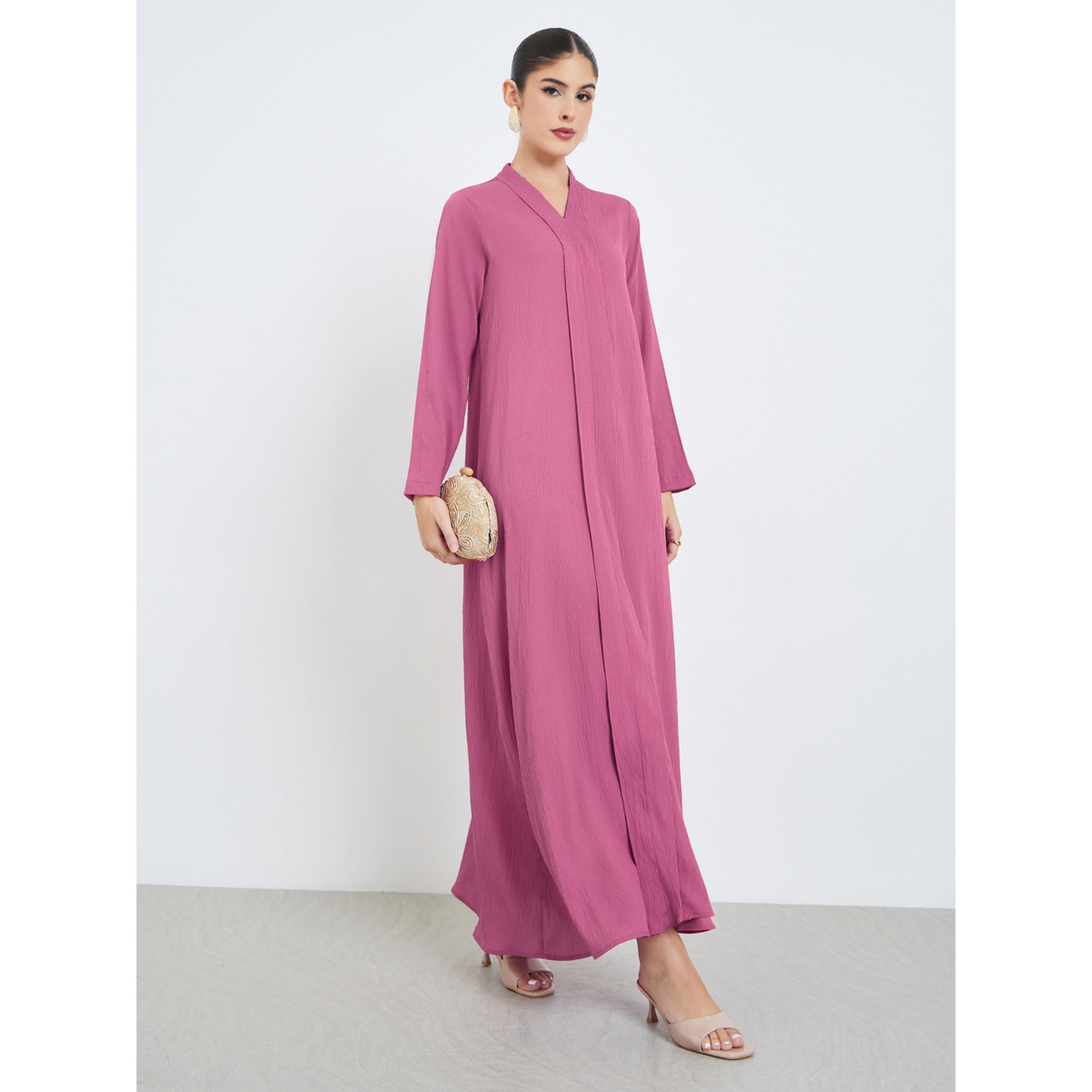 Styli Pink Crepe V Neck Jalabiya-women-arabicclothing-jalabiyas-image-1