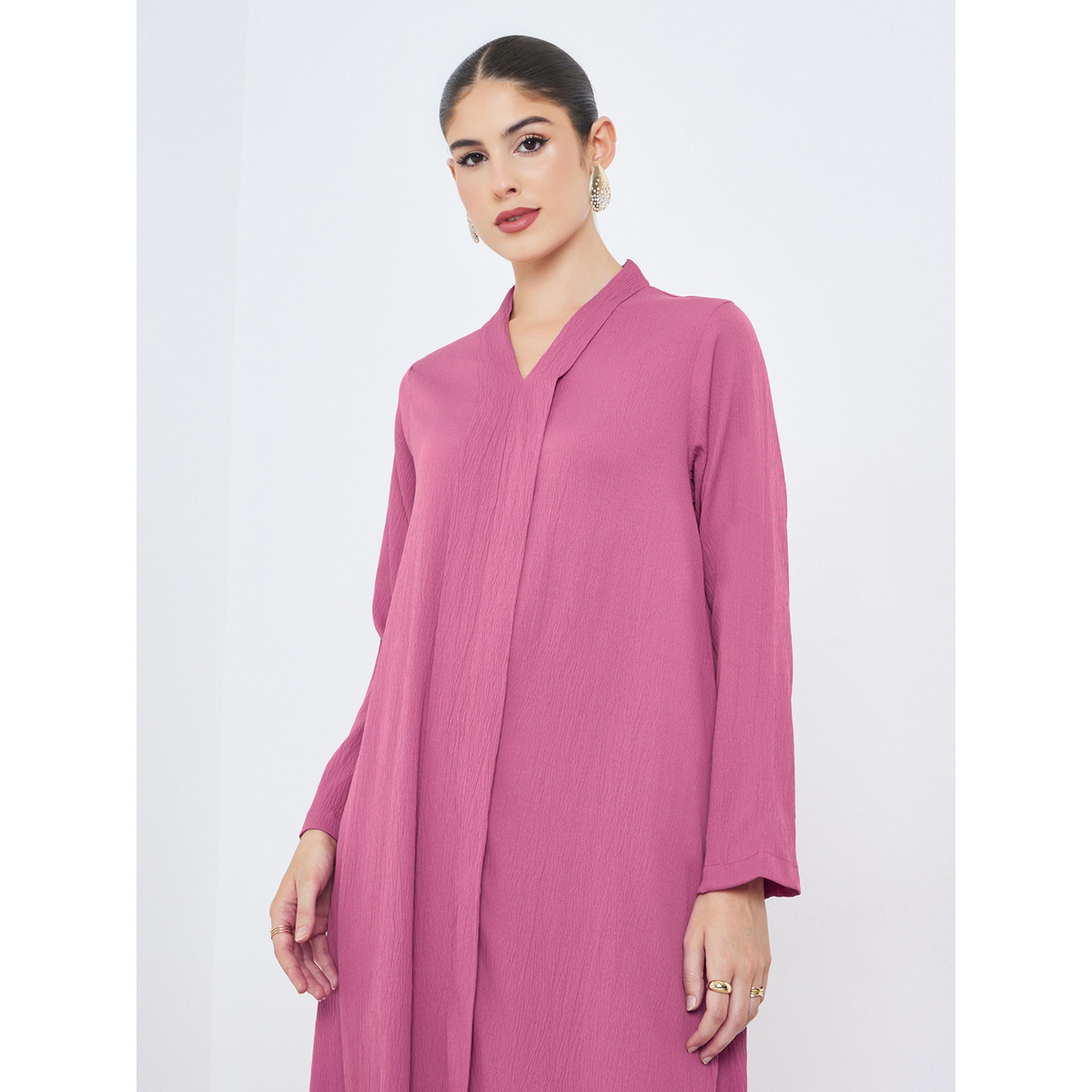 Styli Pink Crepe V Neck Jalabiya-women-arabicclothing-jalabiyas-image-2