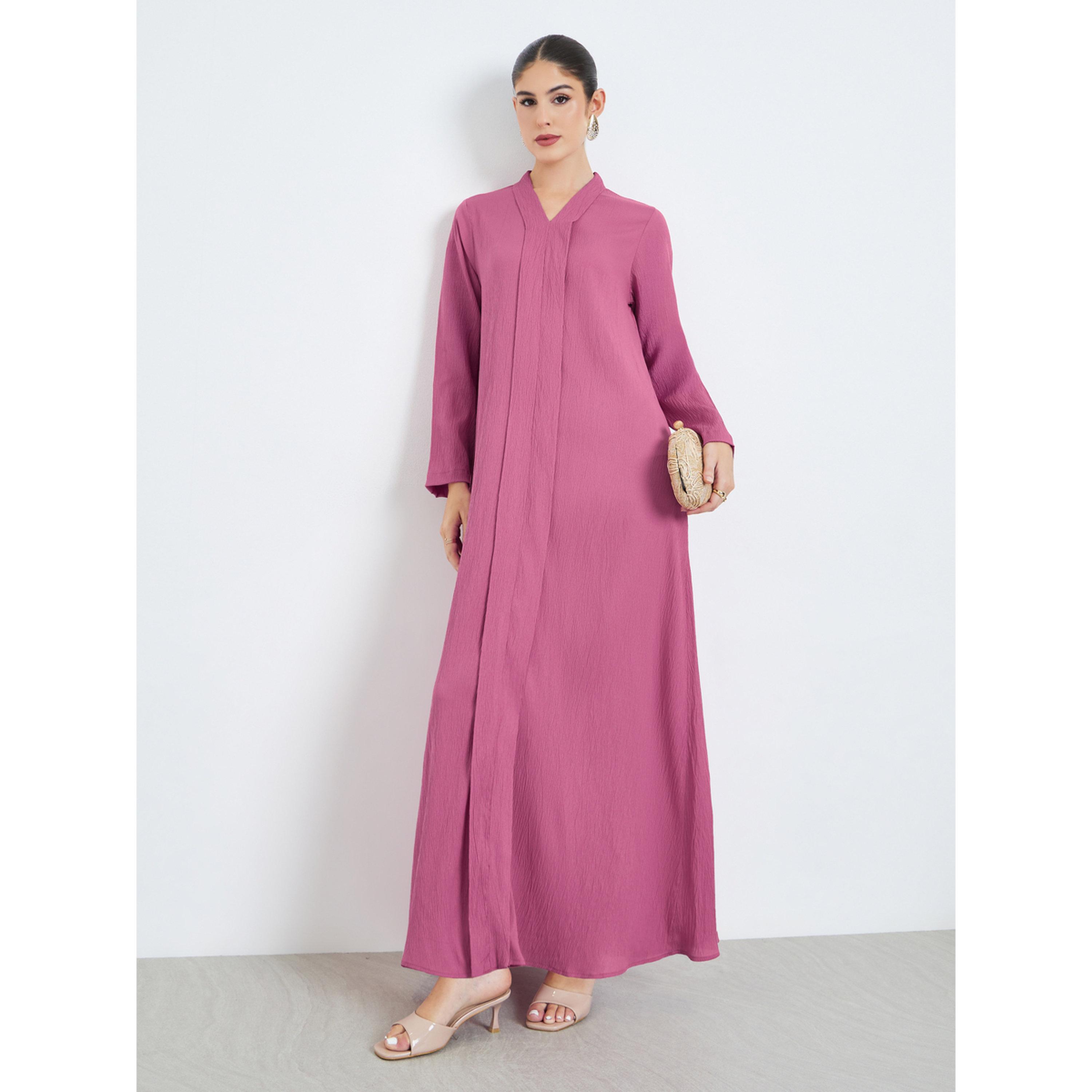 Styli Pink Crepe V Neck Jalabiya-women-arabicclothing-jalabiyas-image-3