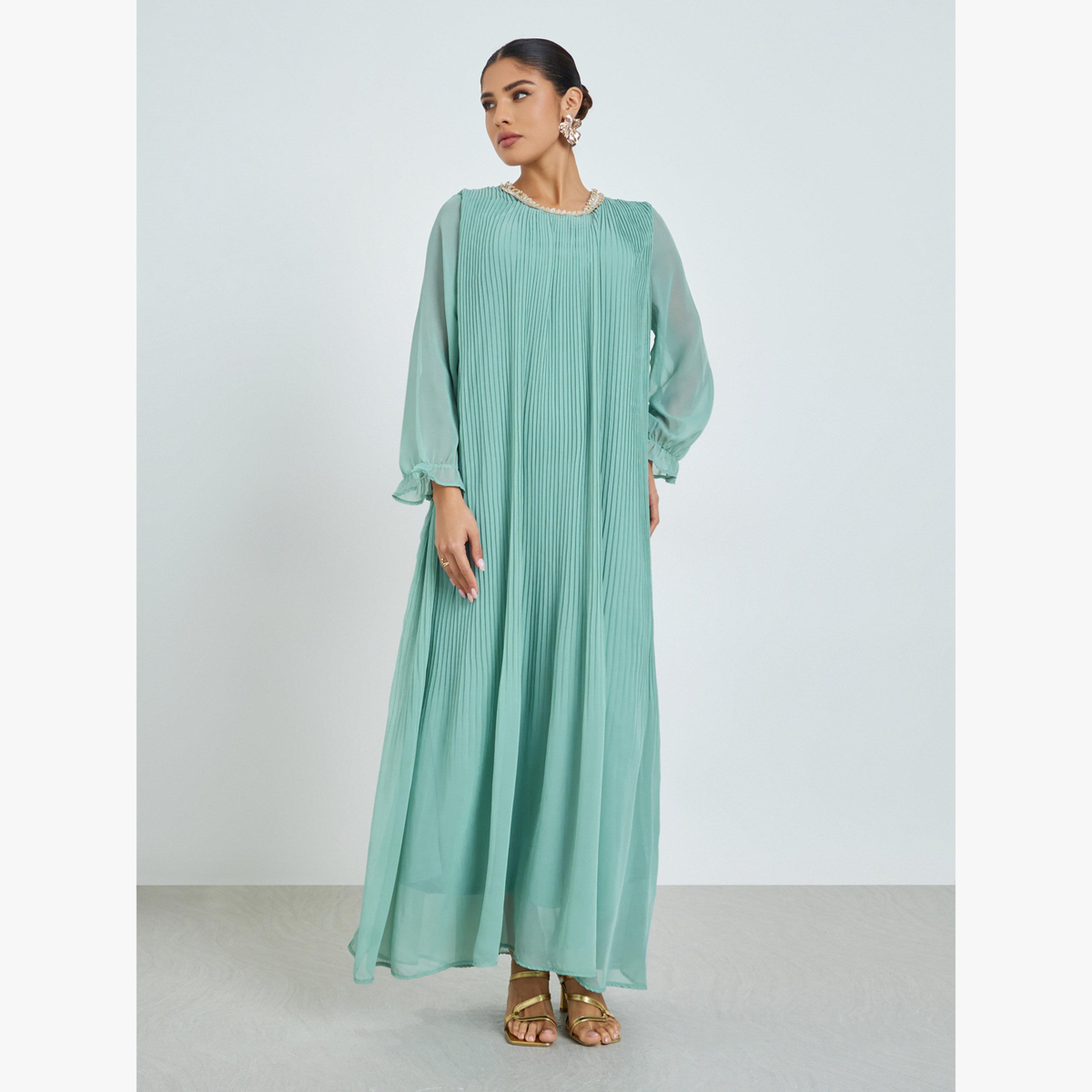 جلابية بتفاصيل دانتيل بليسيه-women-arabicclothing-jalabiyas-image-1