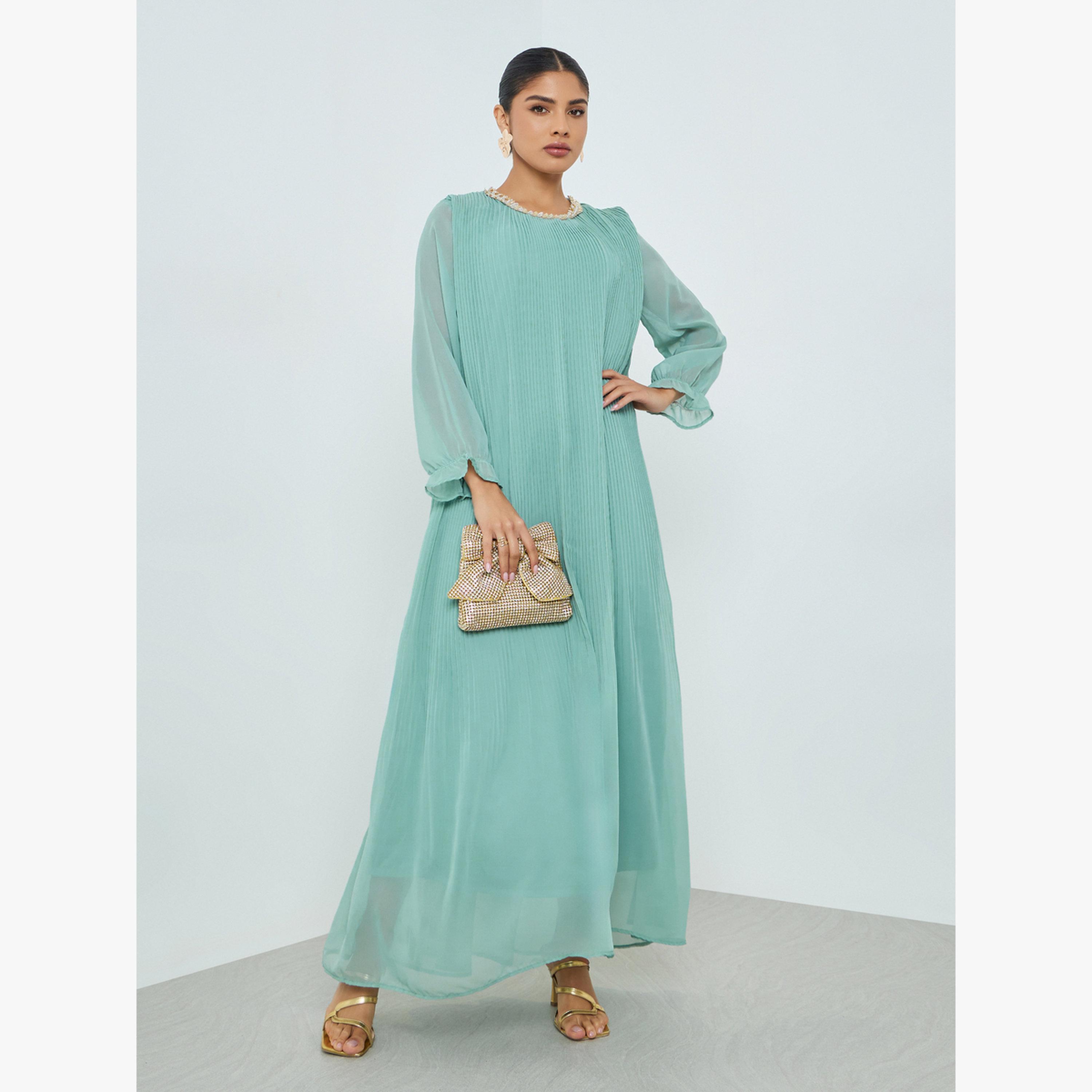 Styli Green Plisse Lace Detail Jalabiya-women-arabicclothing-jalabiyas-image-3