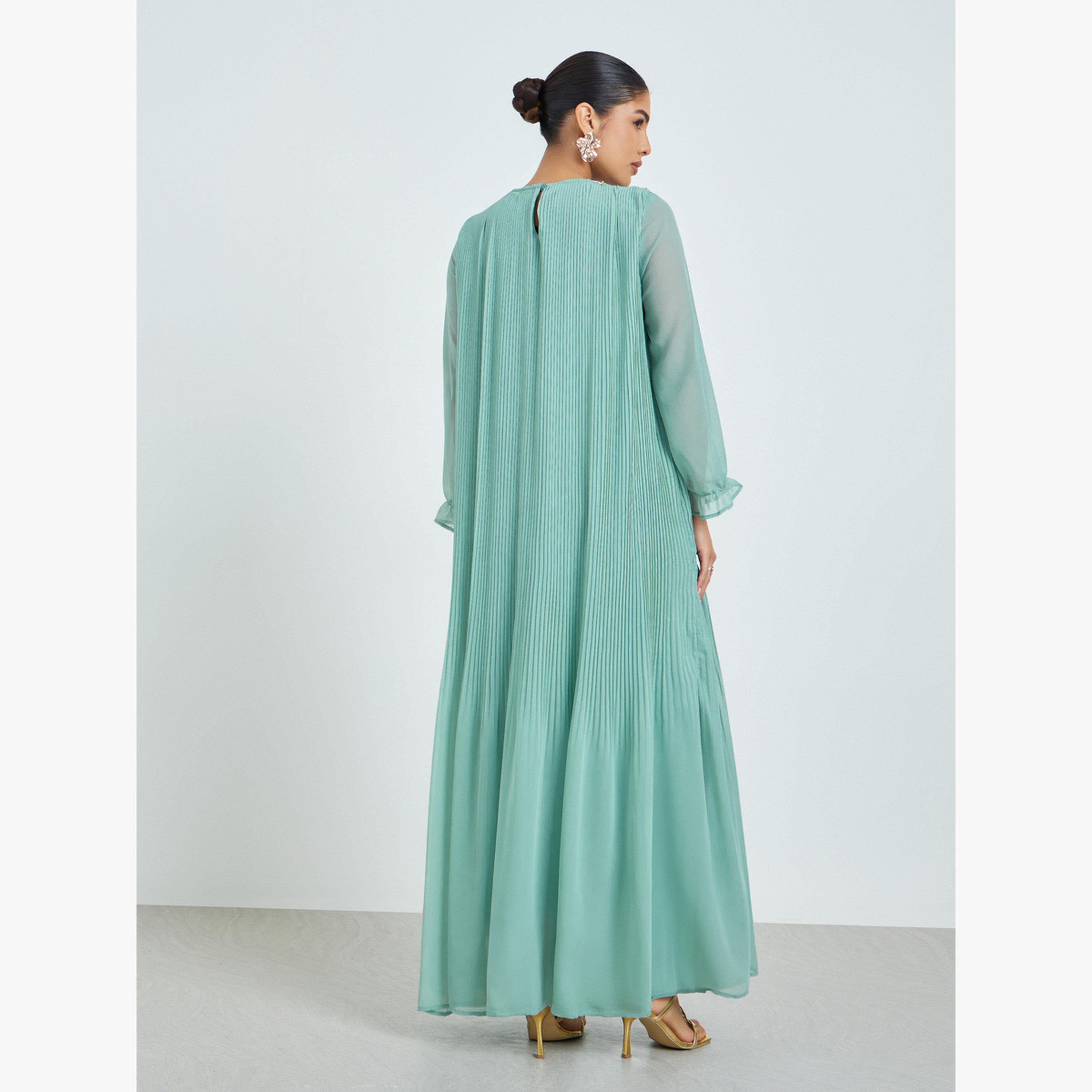 Styli Green Plisse Lace Detail Jalabiya-women-arabicclothing-jalabiyas-image-4
