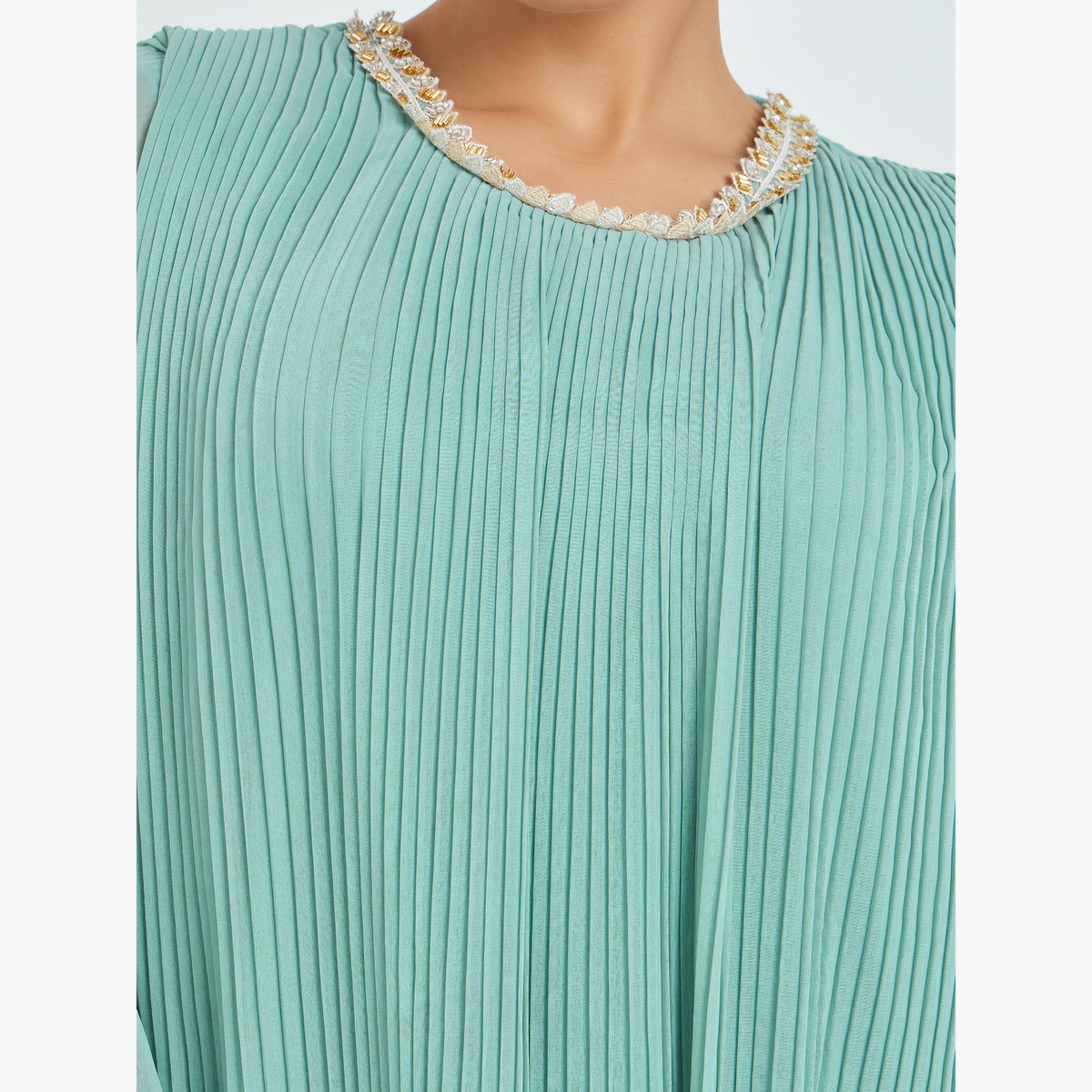 Styli Green Plisse Lace Detail Jalabiya-women-arabicclothing-jalabiyas-image-5