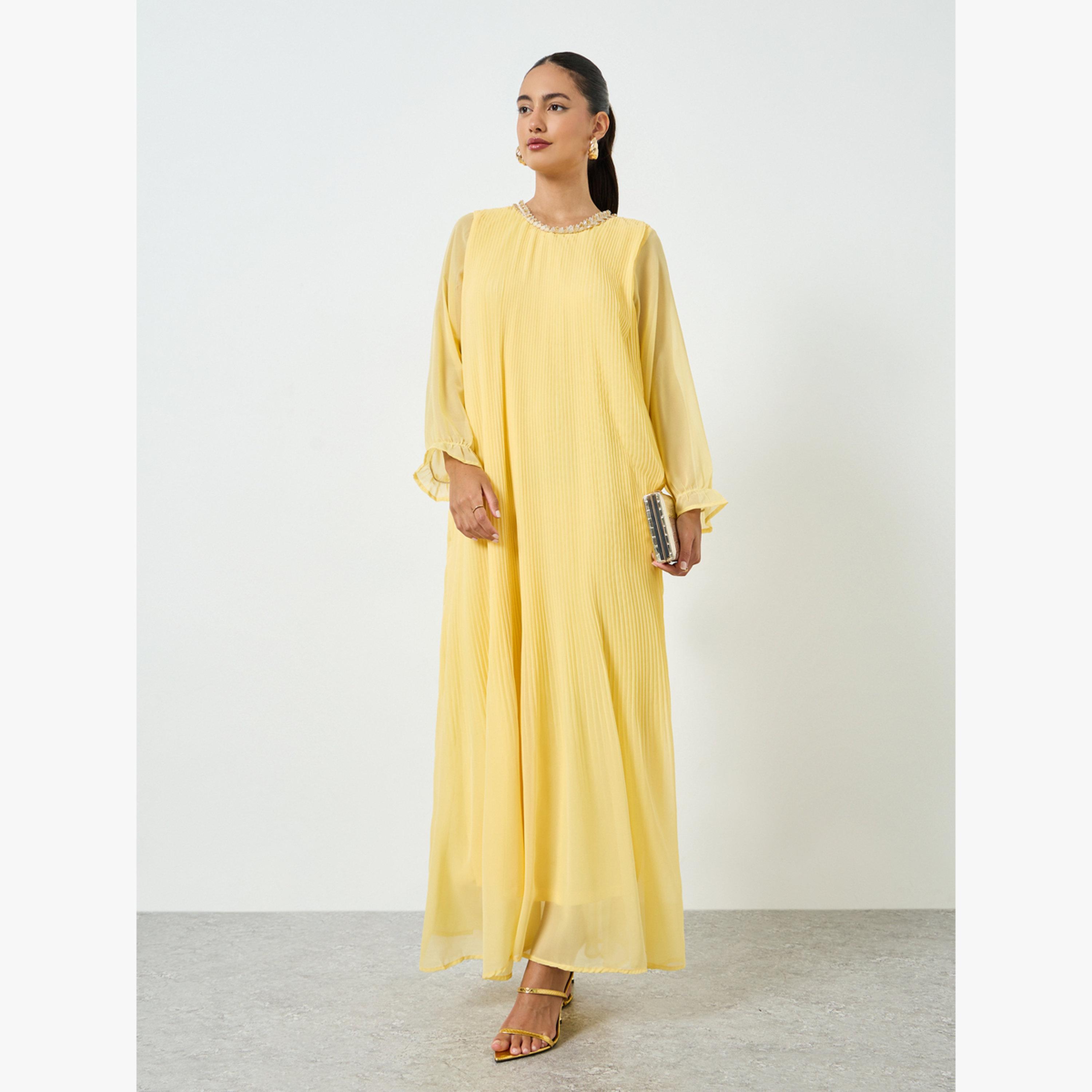 جلابية بتفاصيل دانتيل بليسيه-women-arabicclothing-jalabiyas-image-1