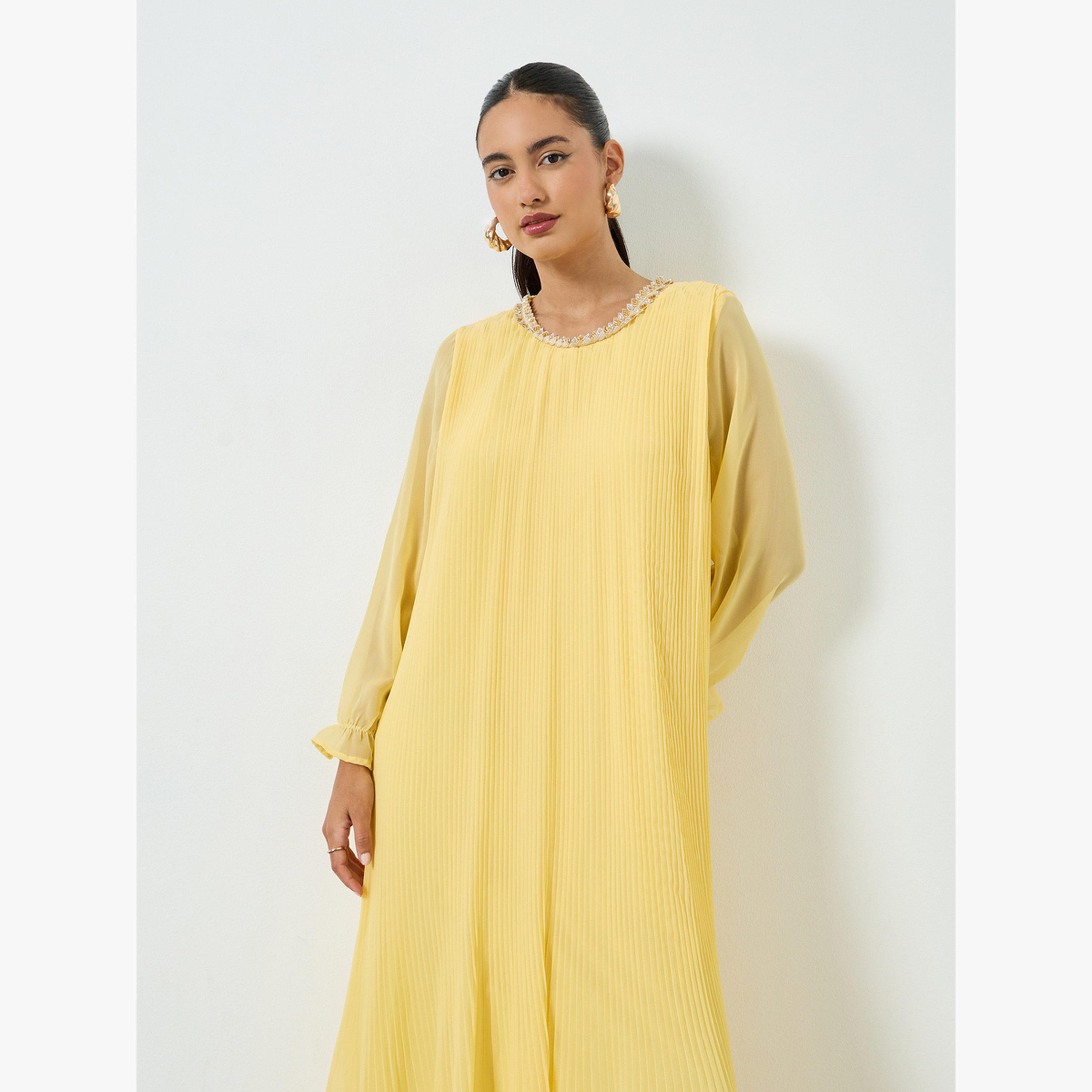 جلابية بتفاصيل دانتيل بليسيه-women-arabicclothing-jalabiyas-image-2