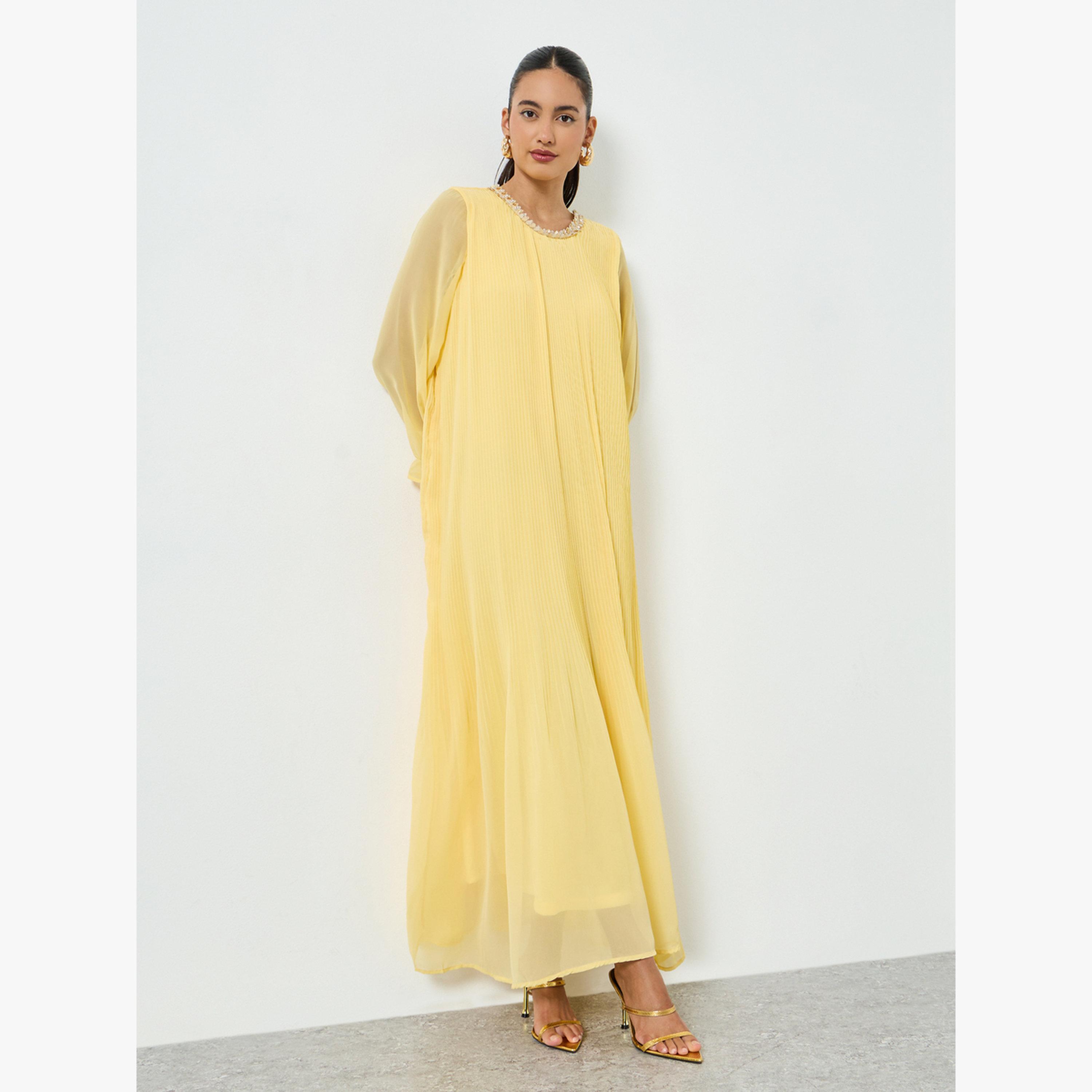 Styli Yellow Plisse Lace Detail Jalabiya-women-arabicclothing-jalabiyas-image-3