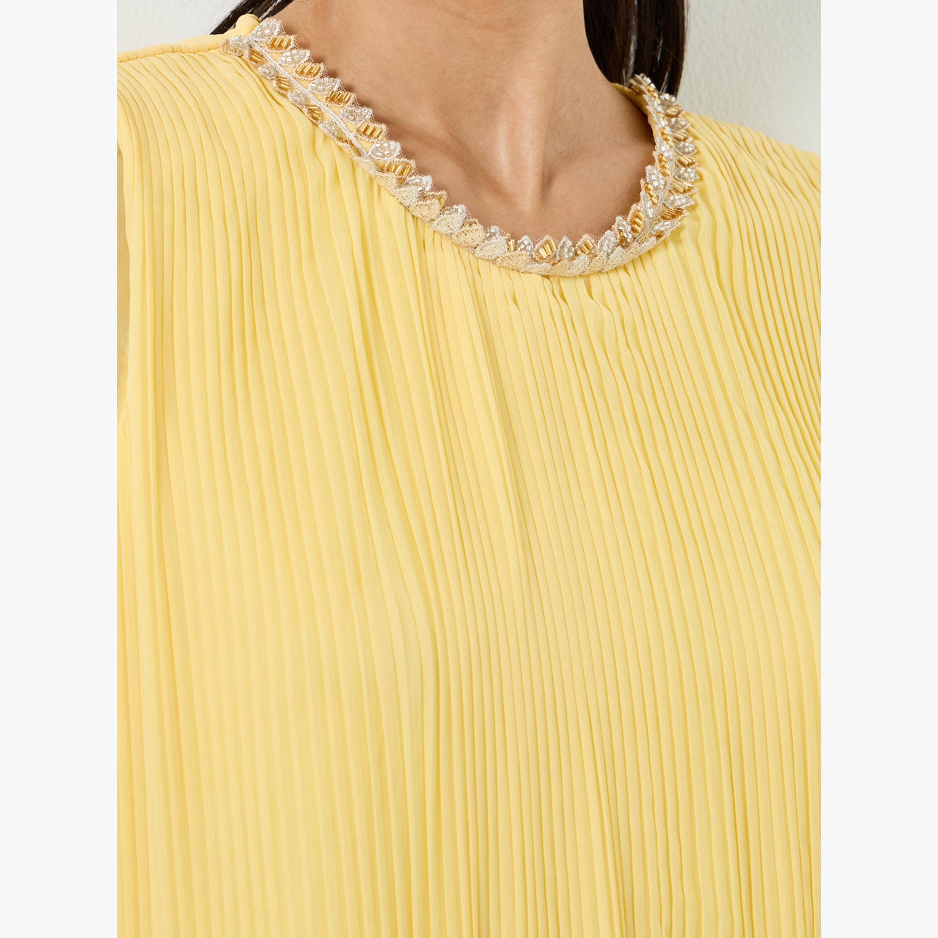 Styli Yellow Plisse Lace Detail Jalabiya-women-arabicclothing-jalabiyas-image-5