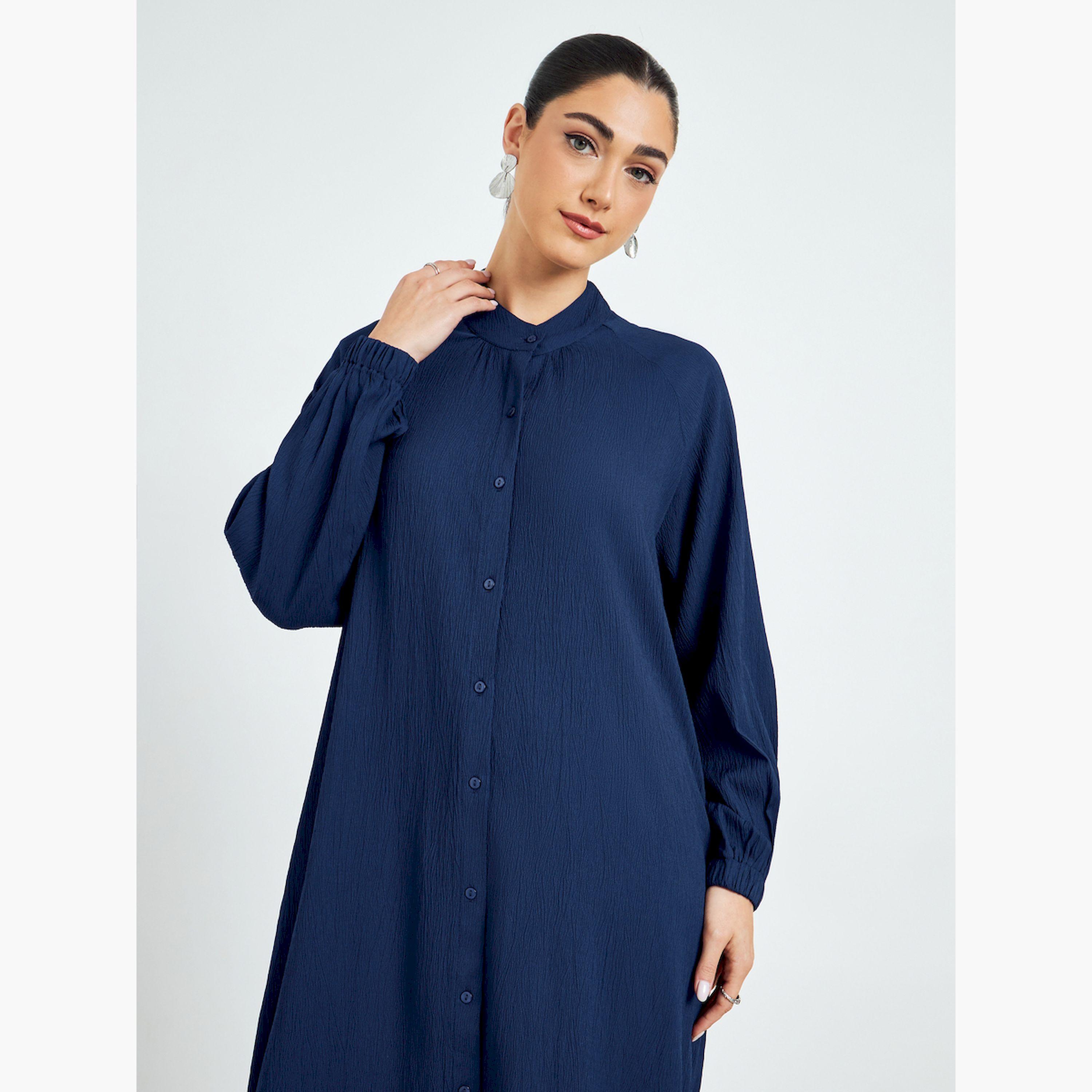 Styli Navy Blue Crepe Buttoned A-Line Jalabiya-women-arabicclothing-jalabiyas-image-2