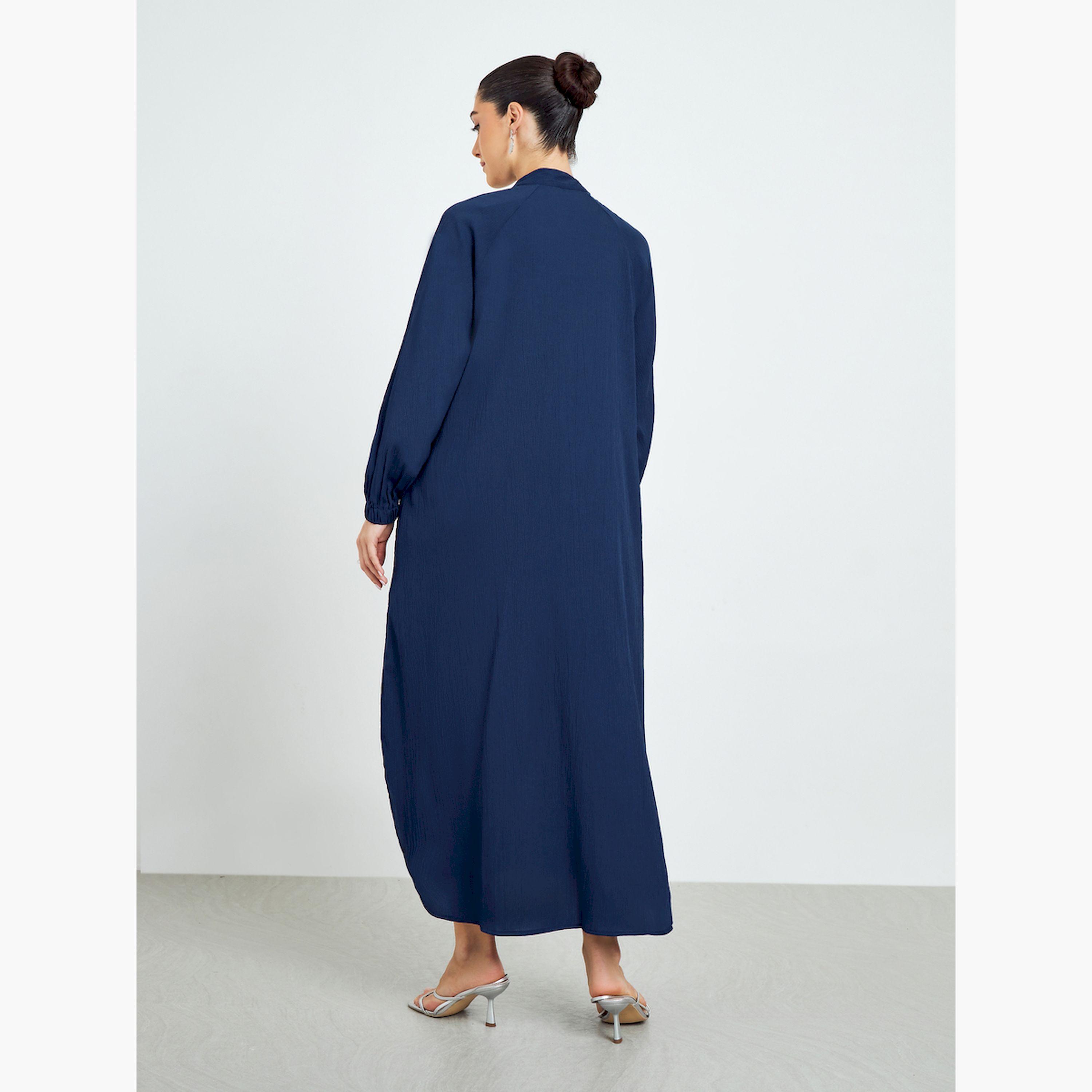 Styli Navy Blue Crepe Buttoned A-Line Jalabiya-women-arabicclothing-jalabiyas-image-4