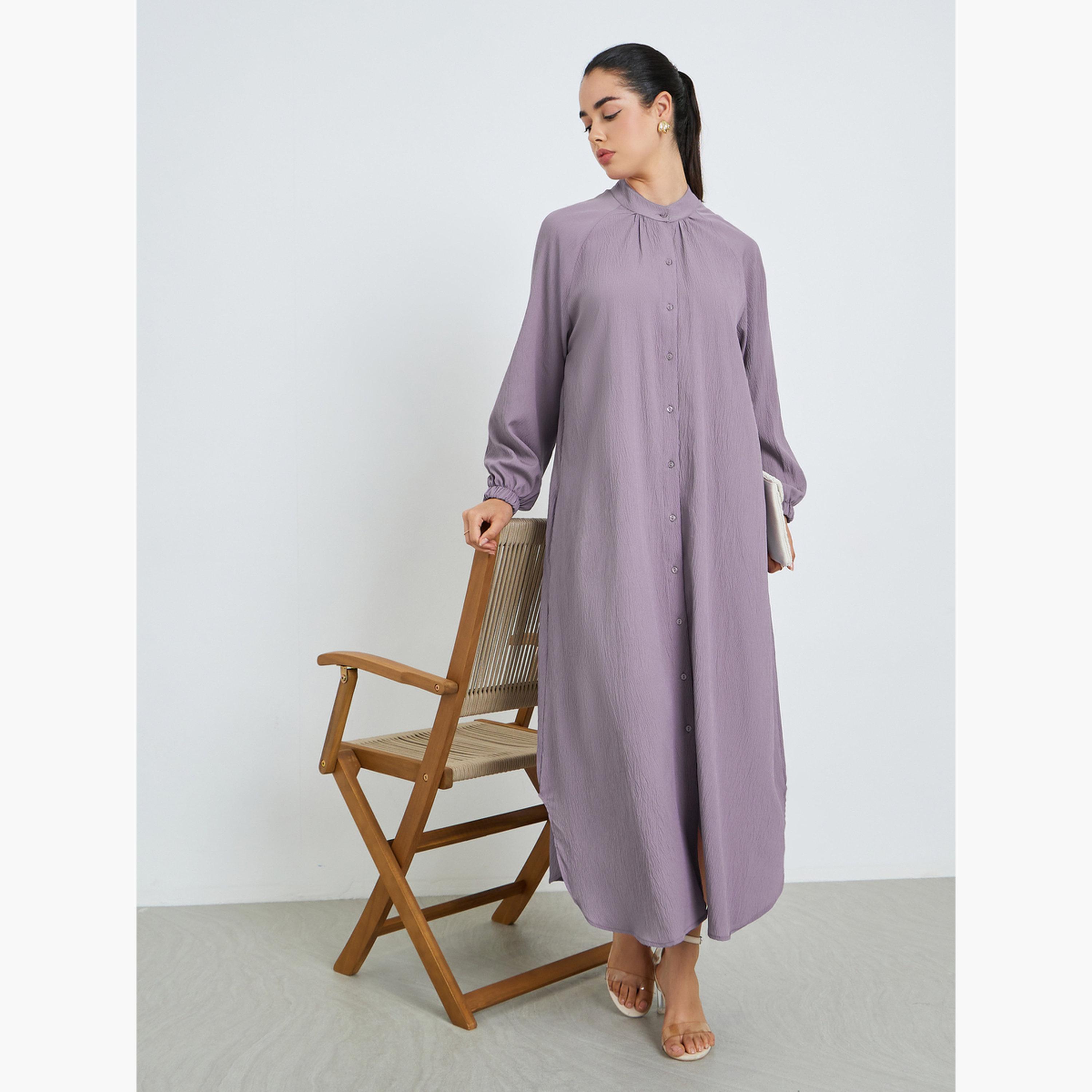 Styli Women Purple Buttoned A-Line Crepe Jalabiya-women-arabicclothing-jalabiyas-image-3