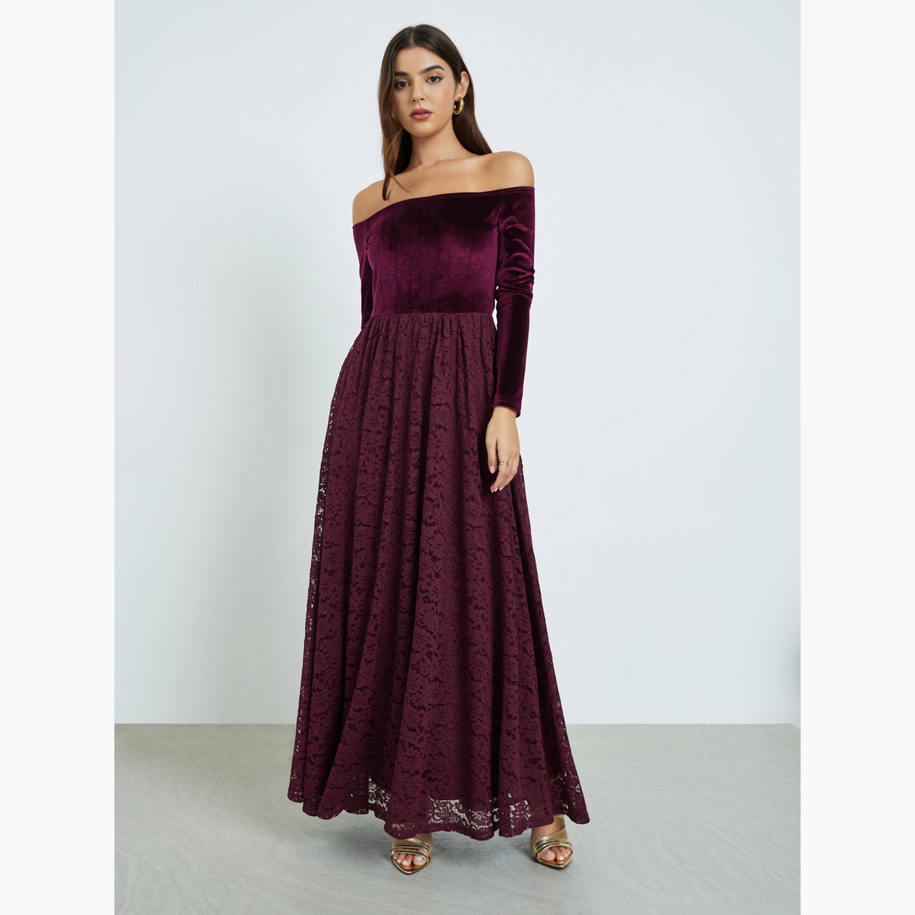 Styli Burgundy Off Shoulder Lace Insert Maxi Dress-women-clothing-dresses-image-1
