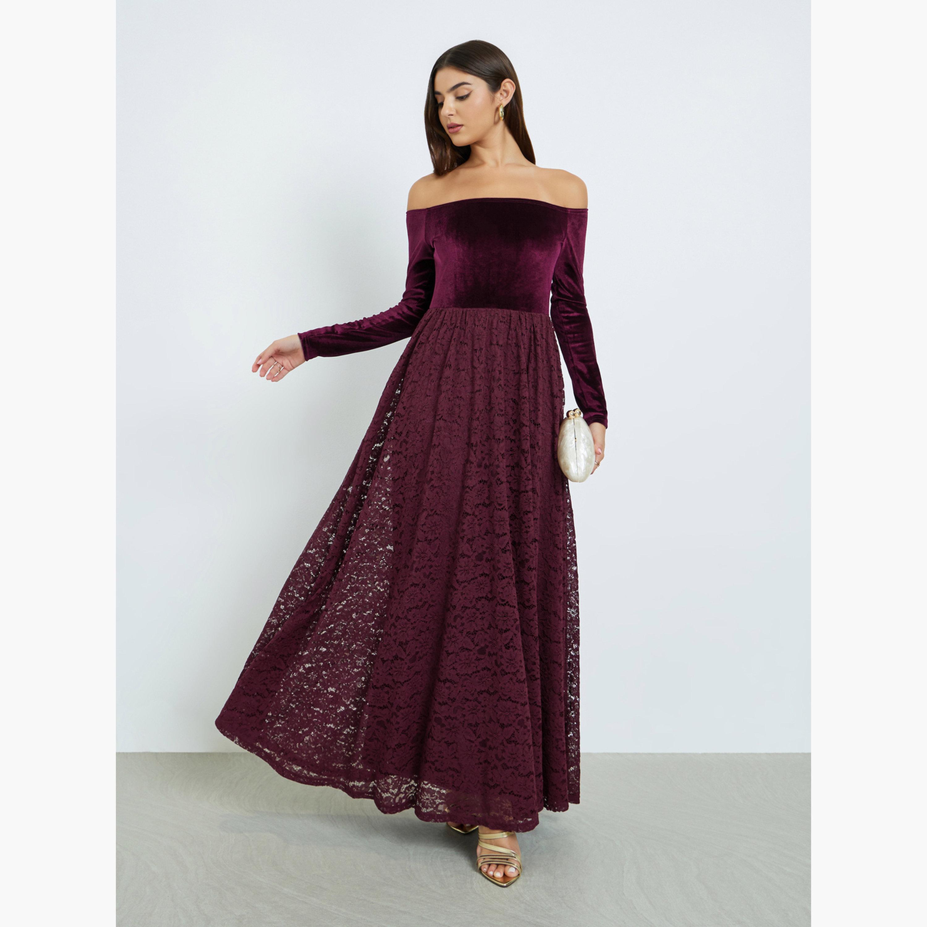 ستايلي - فستان ماكسي برغندي مكشوف الكتفين مع بطانة من الدانتيل-women-clothing-dresses-image-2