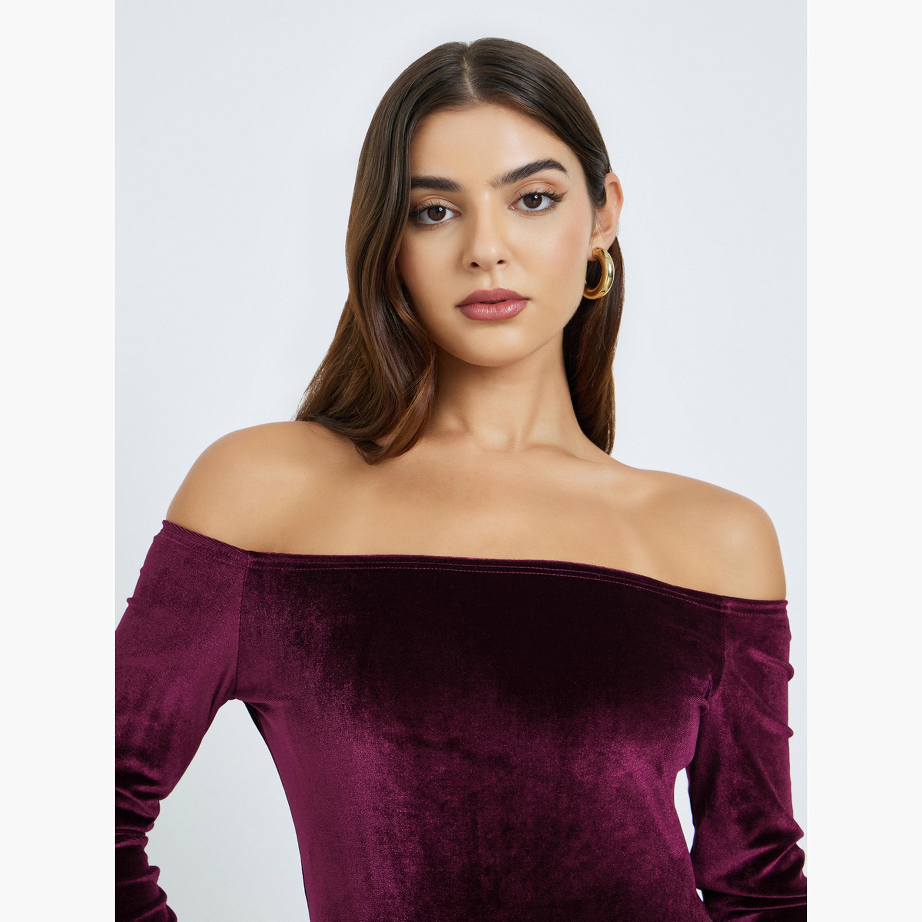 ستايلي - فستان ماكسي برغندي مكشوف الكتفين مع بطانة من الدانتيل-women-clothing-dresses-image-4