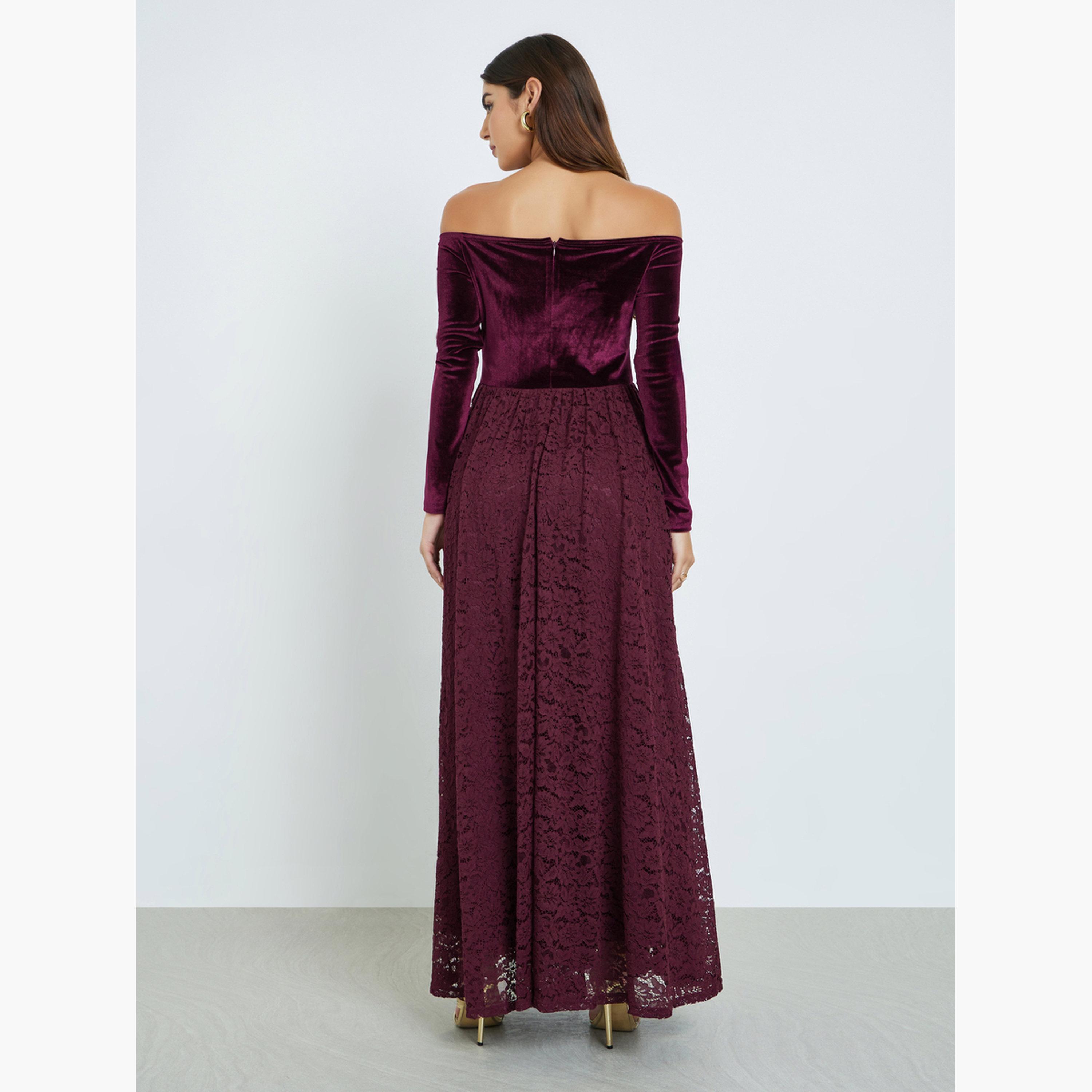 Styli Burgundy Off Shoulder Lace Insert Maxi Dress-women-clothing-dresses-image-5