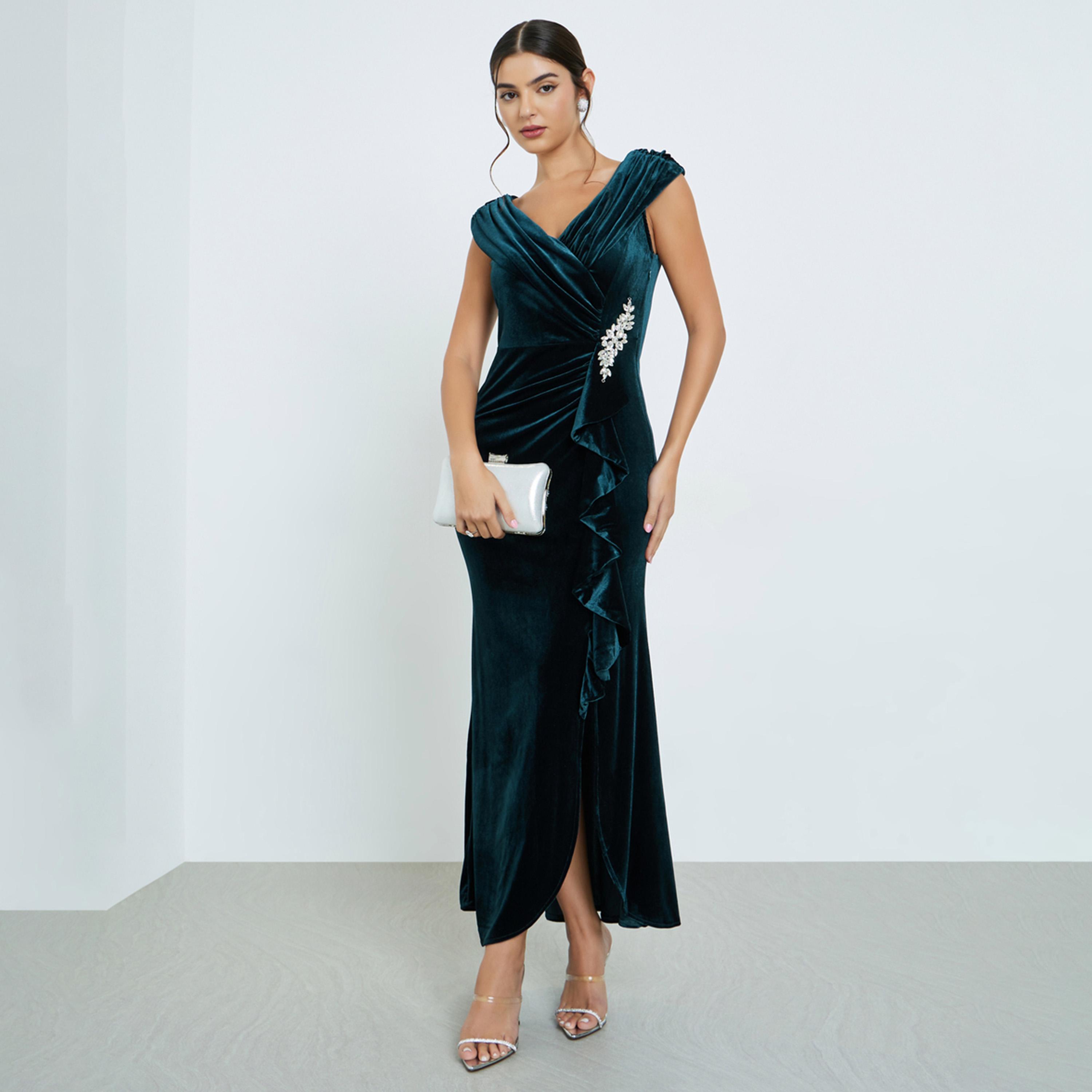 ستايلي - فستان ماكسي مخملي مزين لون أزرق المخضر-women-clothing-dresses-image-1