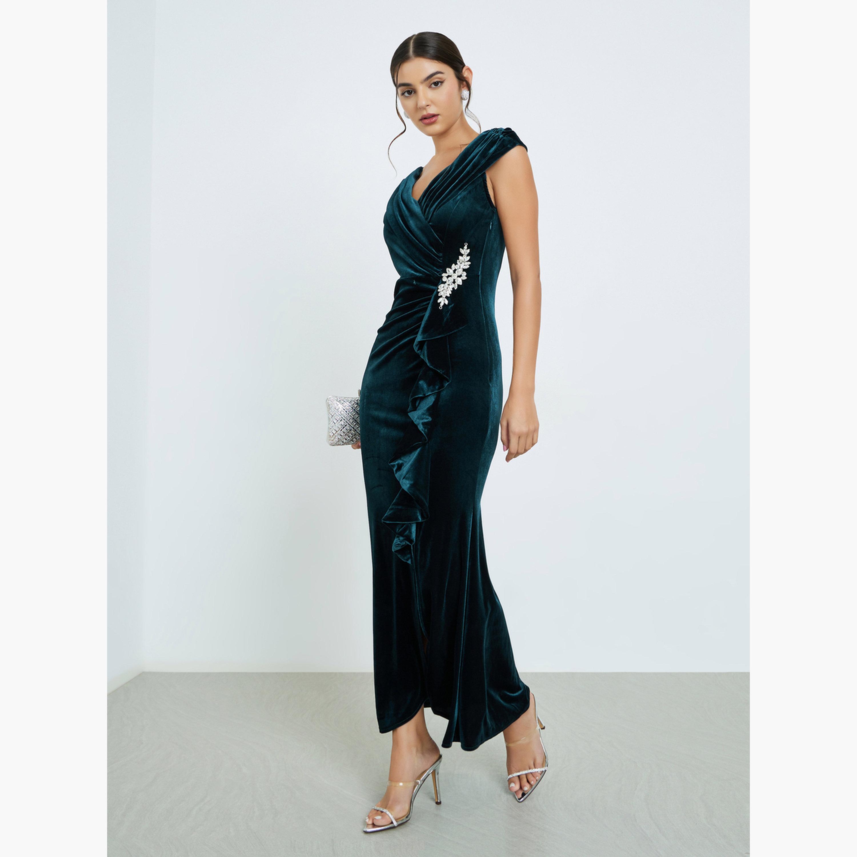 Styli Teal Embellished Velvet Look Maxi Dress-women-clothing-dresses-image-2