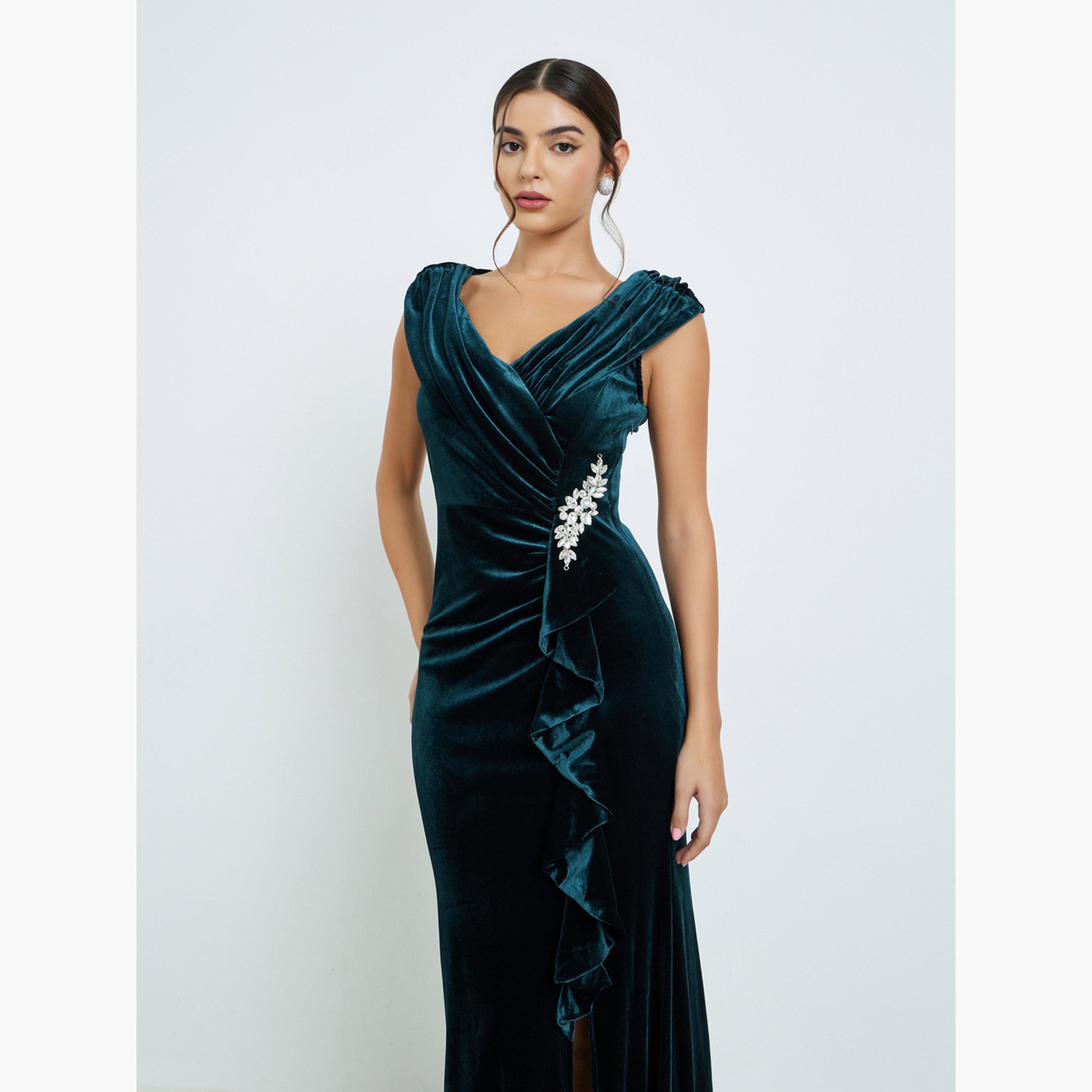 ستايلي - فستان ماكسي مخملي مزين لون أزرق المخضر-women-clothing-dresses-image-3