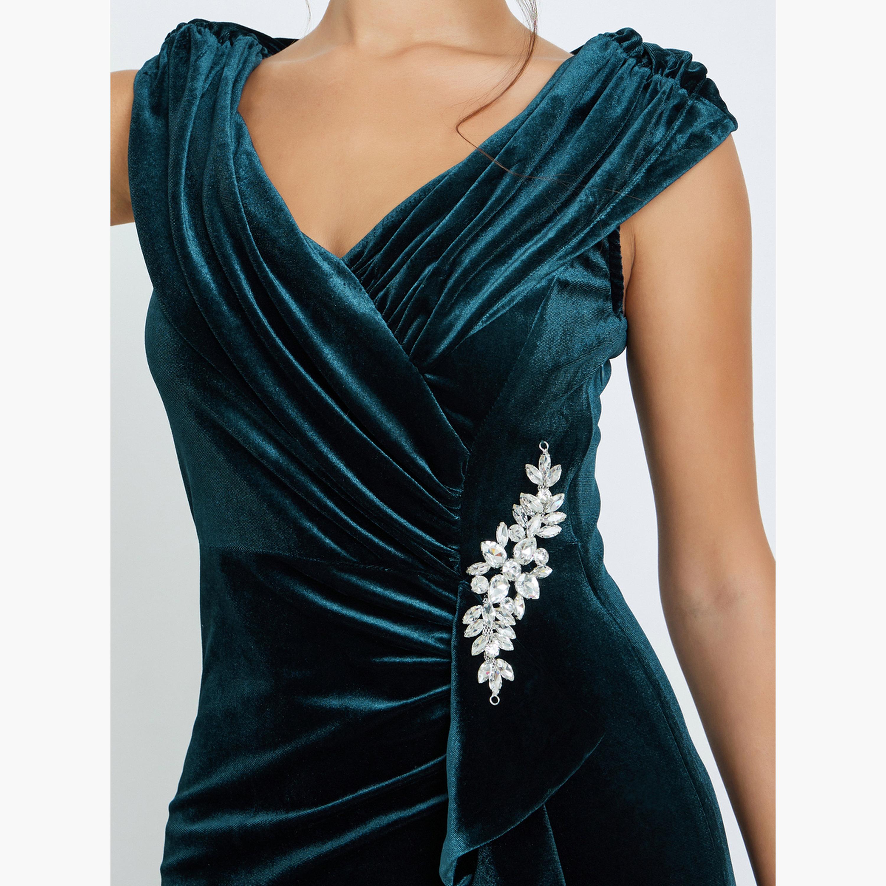 ستايلي - فستان ماكسي مخملي مزين لون أزرق المخضر-women-clothing-dresses-image-4