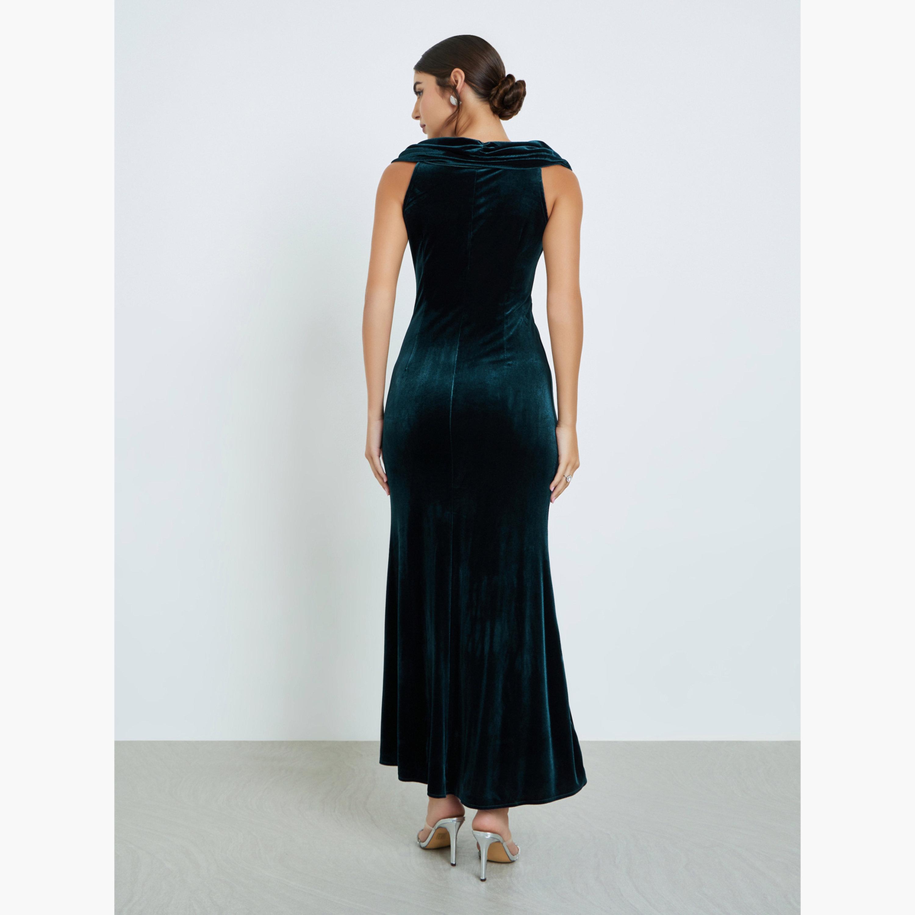 Styli Teal Embellished Velvet Look Maxi Dress-women-clothing-dresses-image-5