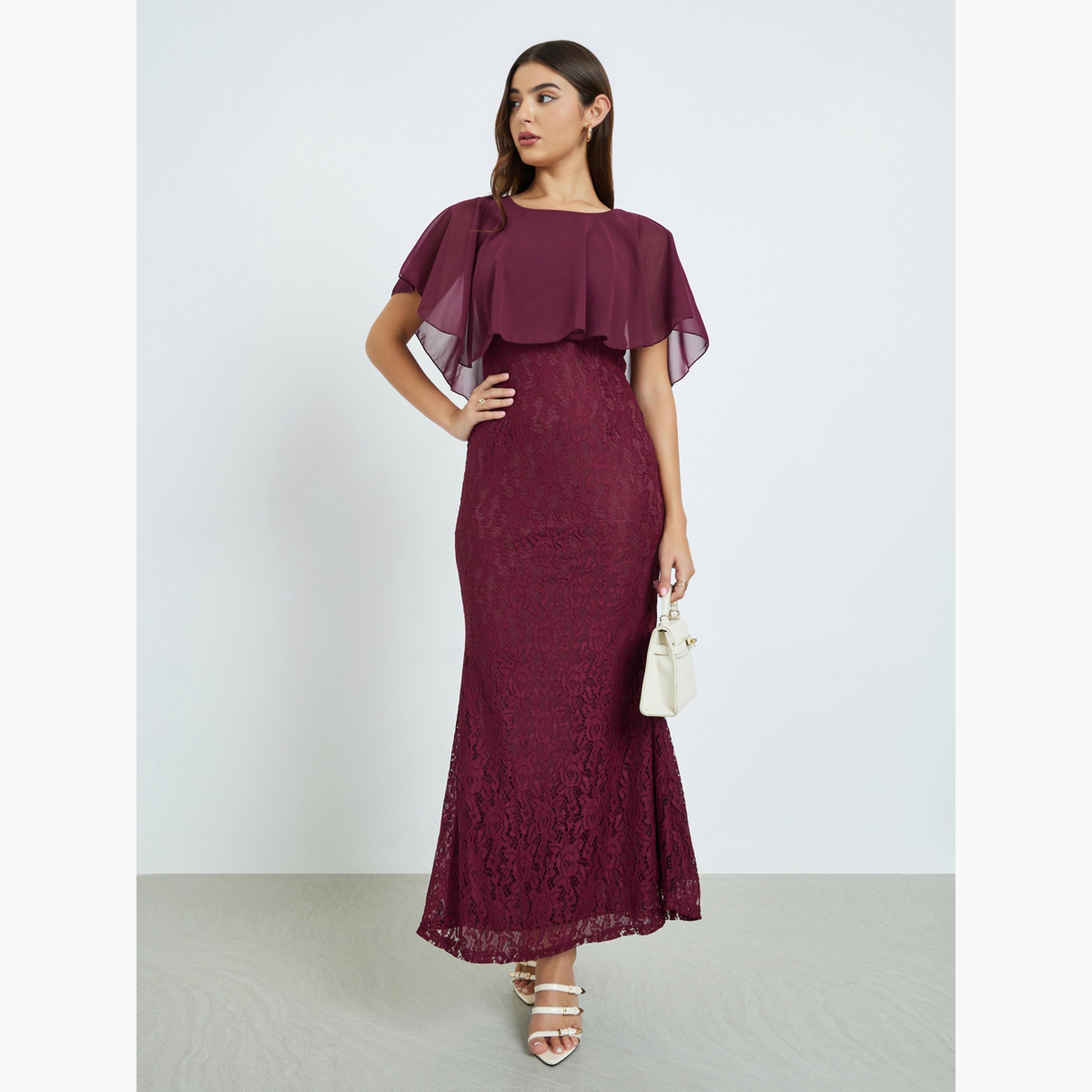 ستايلي - فستان ماكسي من الدانتيل لون عنابي بأكمام كيب-women-clothing-dresses-image-1
