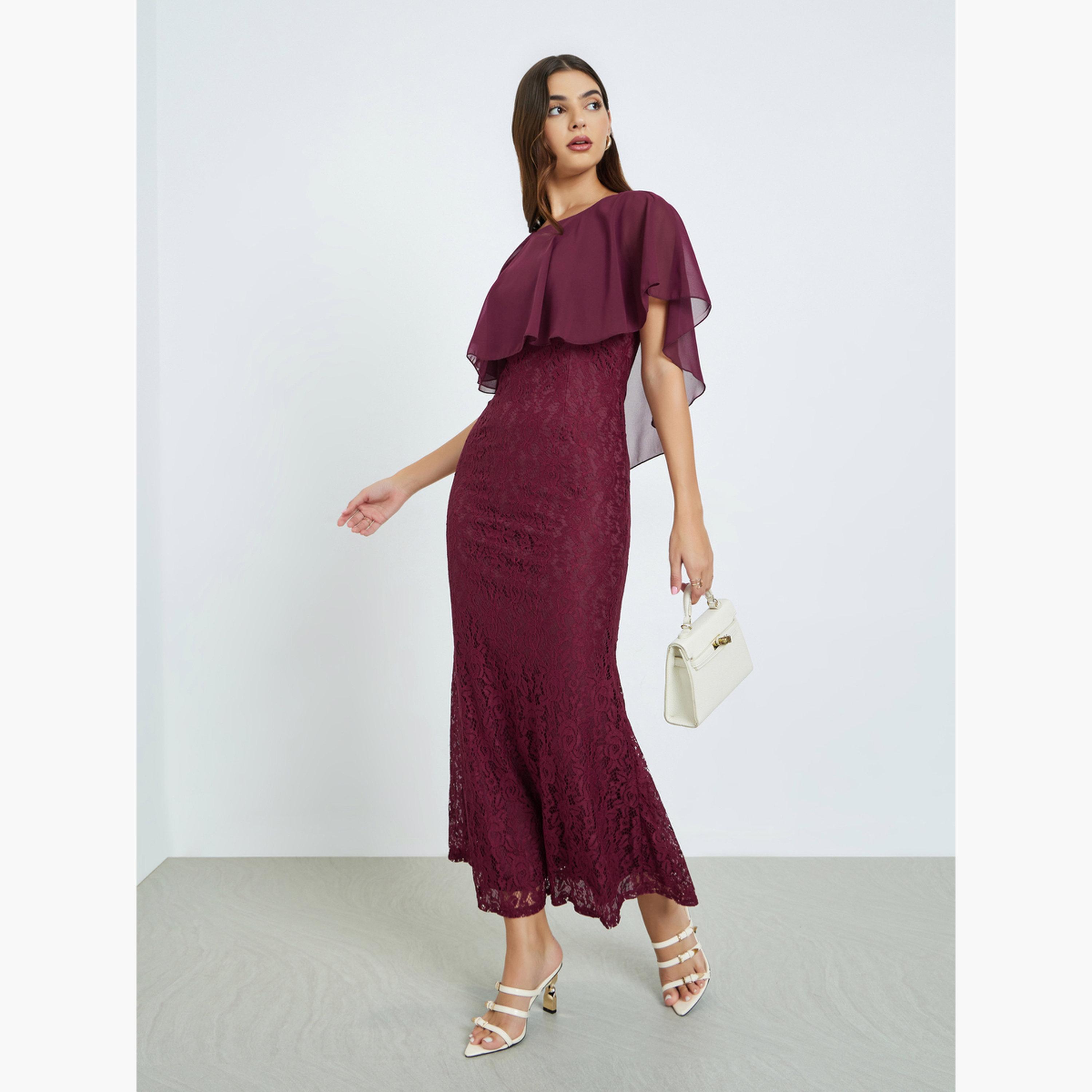 ستايلي - فستان ماكسي من الدانتيل لون عنابي بأكمام كيب-women-clothing-dresses-image-2