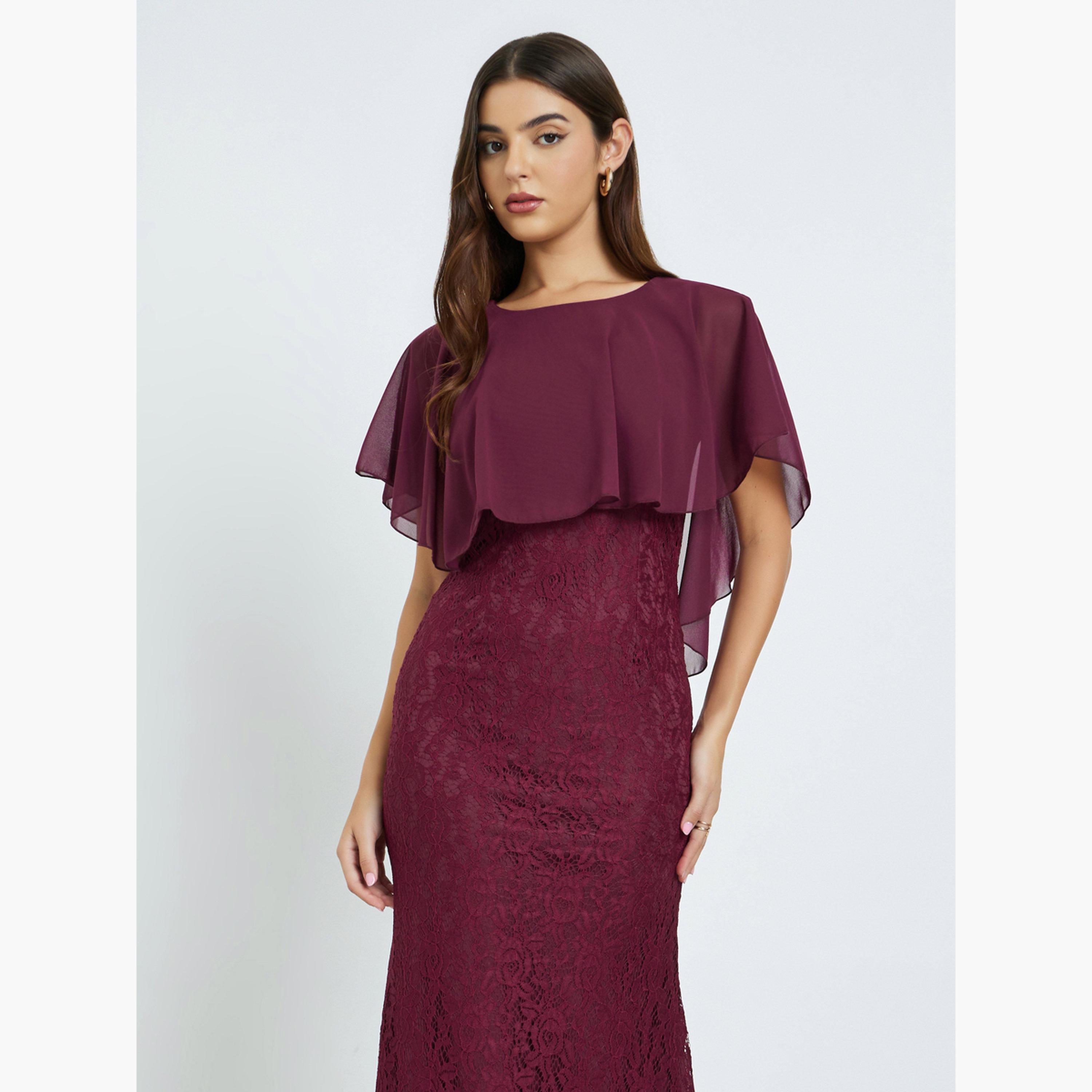 ستايلي - فستان ماكسي من الدانتيل لون عنابي بأكمام كيب-women-clothing-dresses-image-3