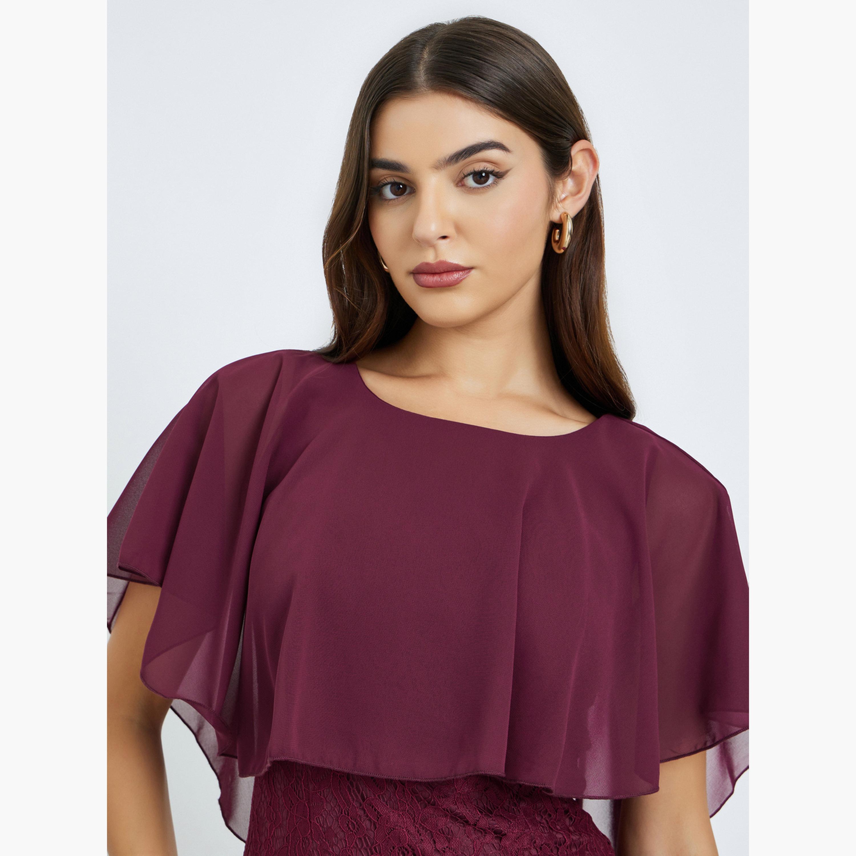 ستايلي - فستان ماكسي من الدانتيل لون عنابي بأكمام كيب-women-clothing-dresses-image-4