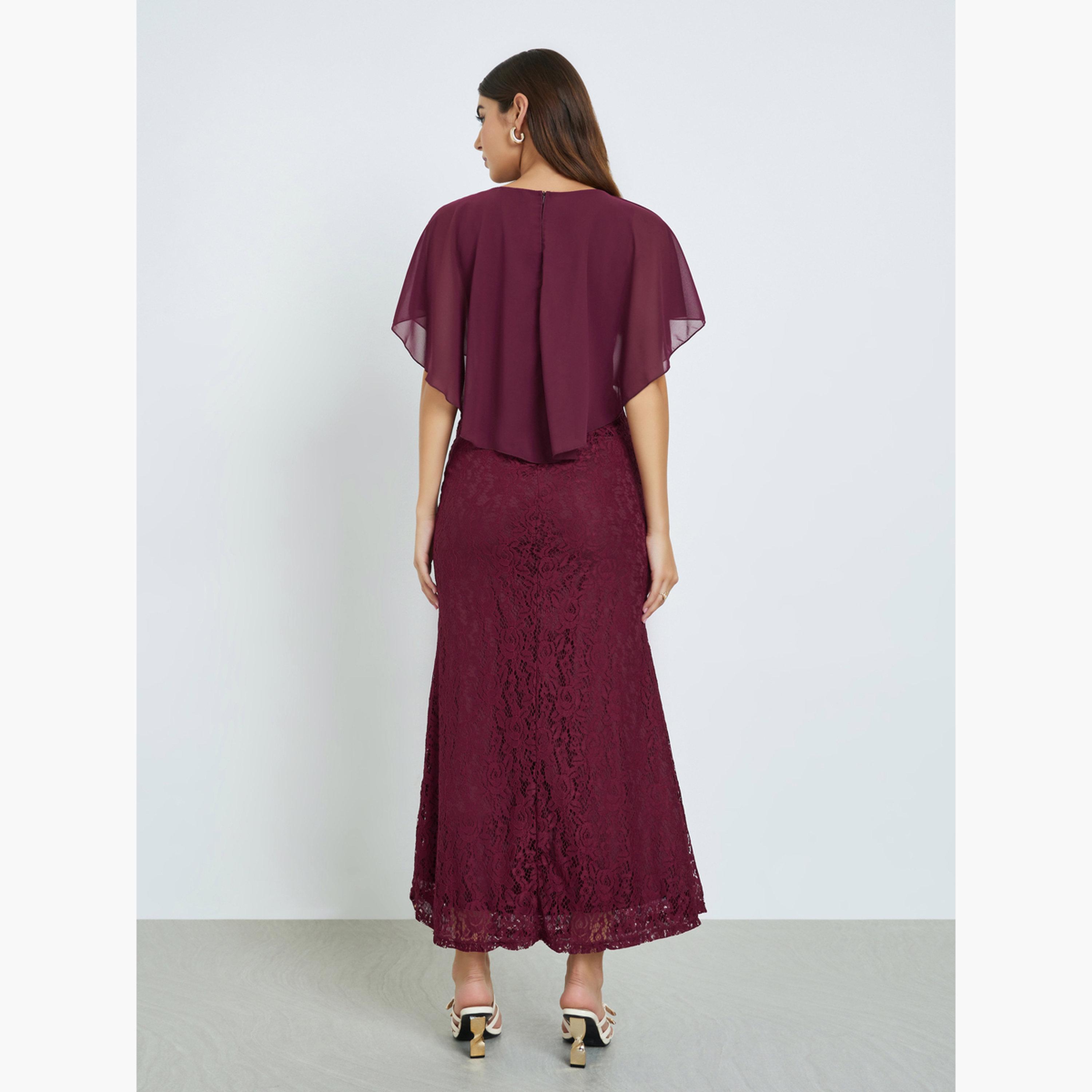ستايلي - فستان ماكسي من الدانتيل لون عنابي بأكمام كيب-women-clothing-dresses-image-5