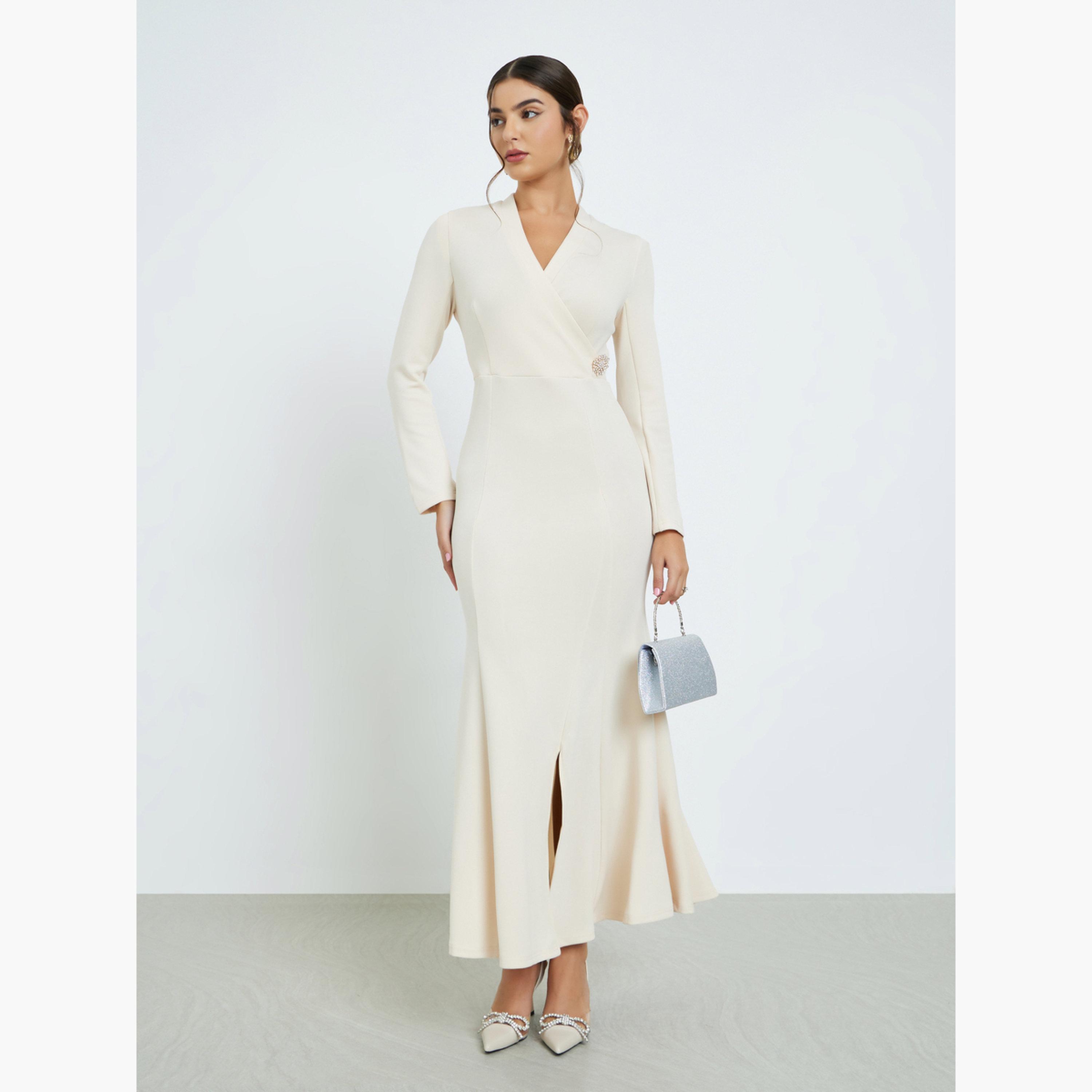 Styli Beige Maxi Dress with Embellished Brooch-women-clothing-dresses-image-2