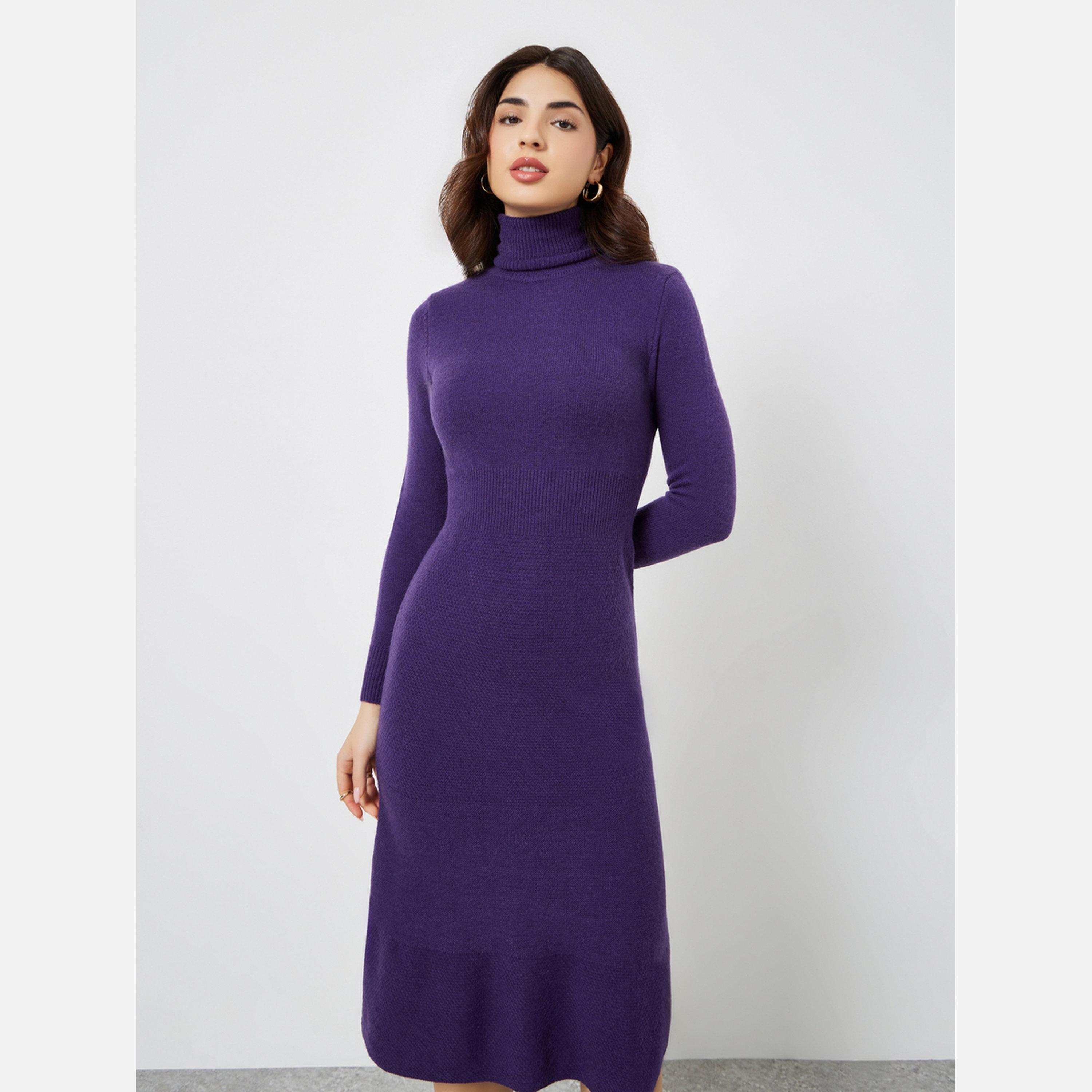 ستايلي - فستان متوسط الطول صوف أكمام طويلة لون بنفسجي-women-clothing-dresses-image-1