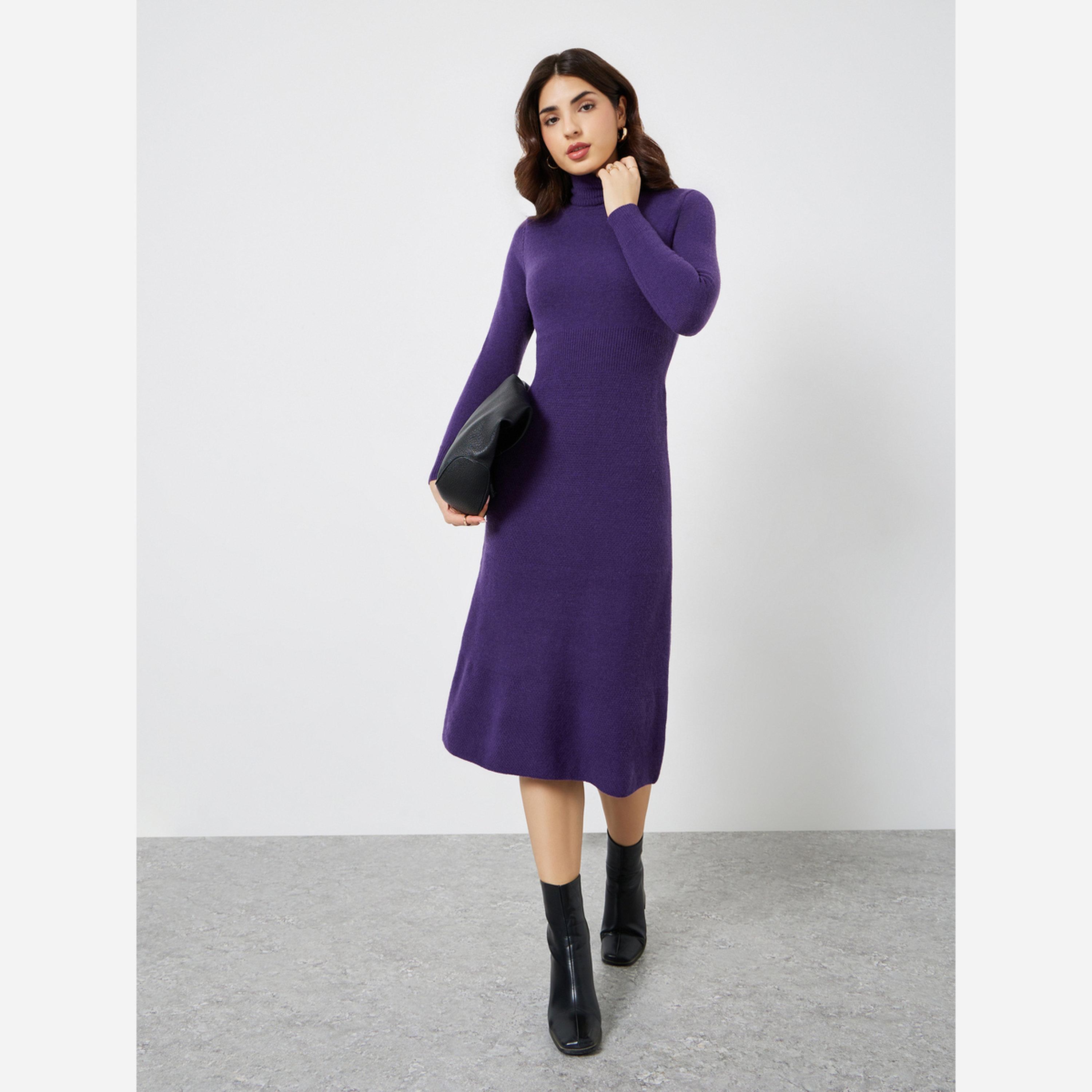 ستايلي - فستان متوسط الطول صوف أكمام طويلة لون بنفسجي-women-clothing-dresses-image-2