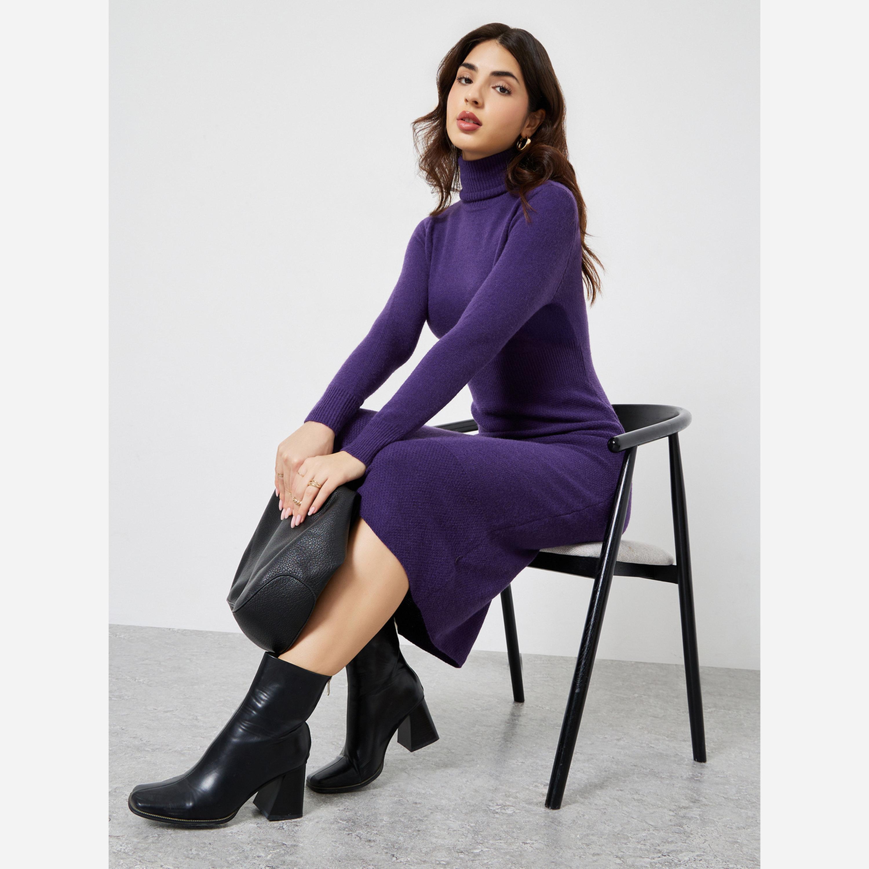 ستايلي - فستان متوسط الطول صوف أكمام طويلة لون بنفسجي-women-clothing-dresses-image-3