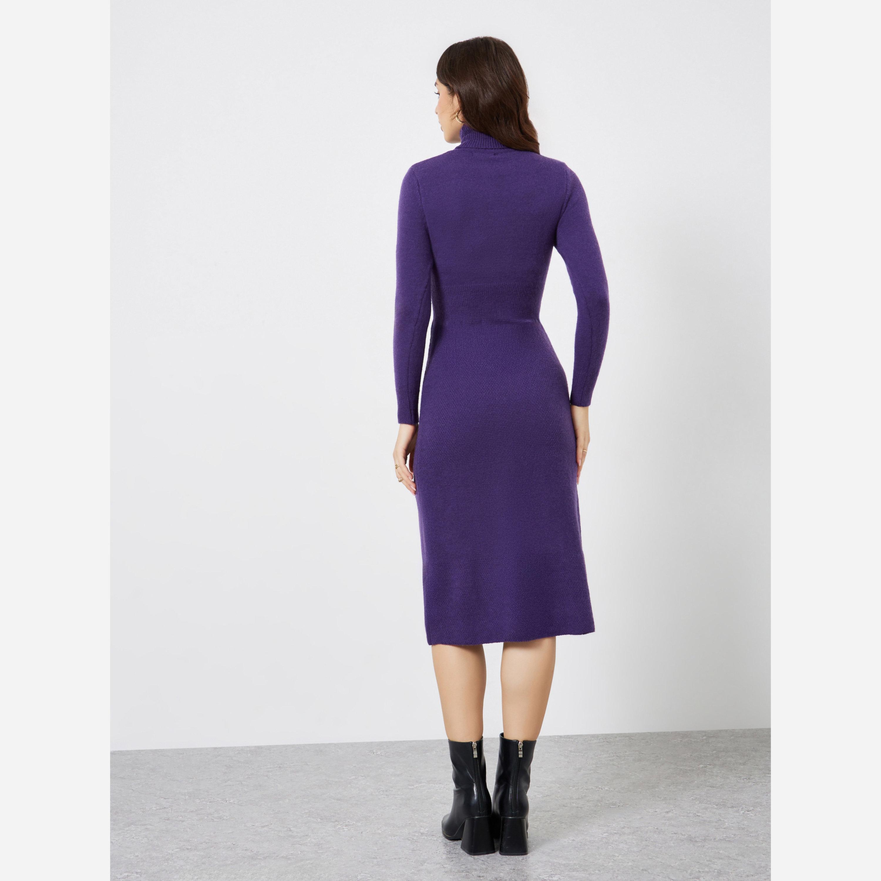 ستايلي - فستان متوسط الطول صوف أكمام طويلة لون بنفسجي-women-clothing-dresses-image-4