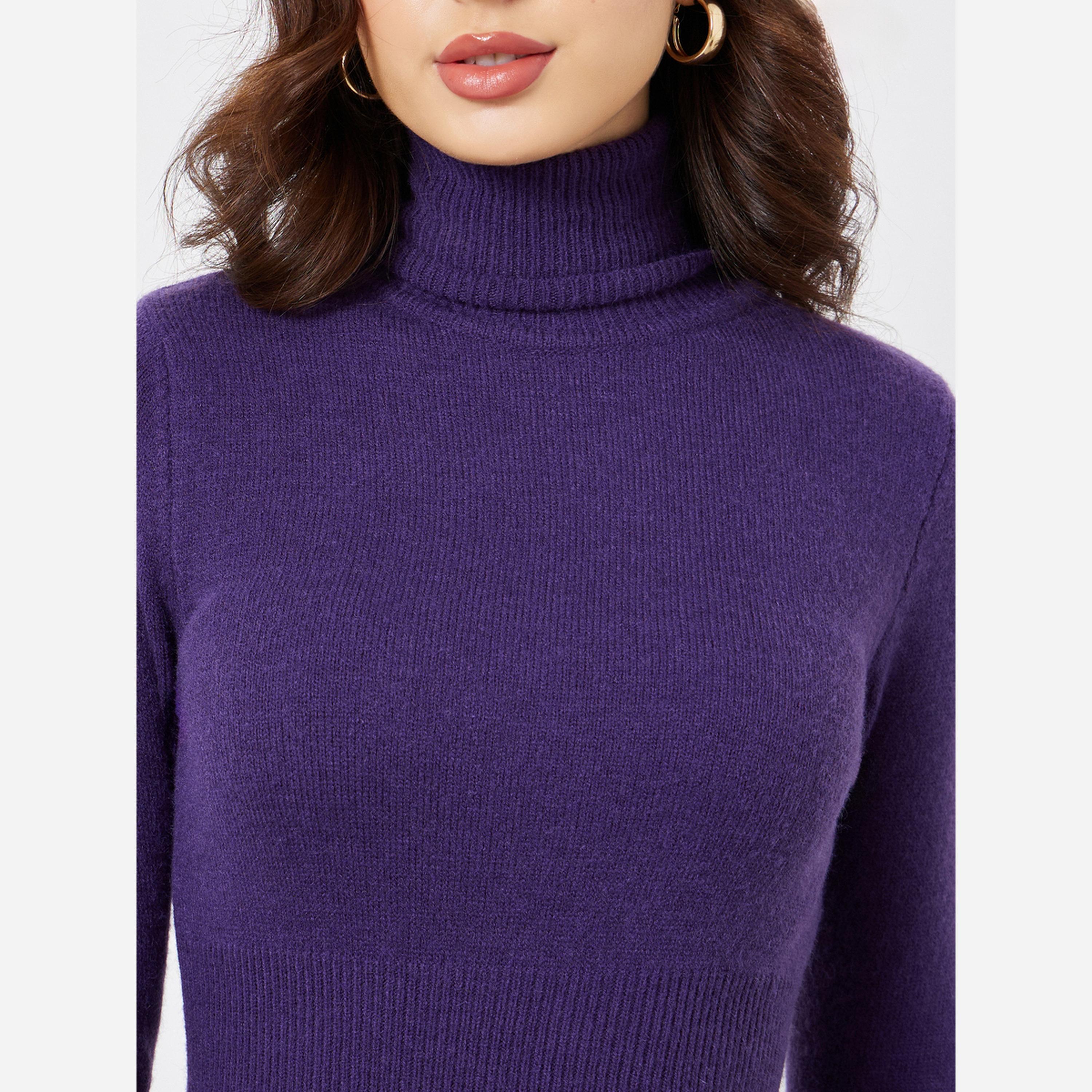ستايلي - فستان متوسط الطول صوف أكمام طويلة لون بنفسجي-women-clothing-dresses-image-5