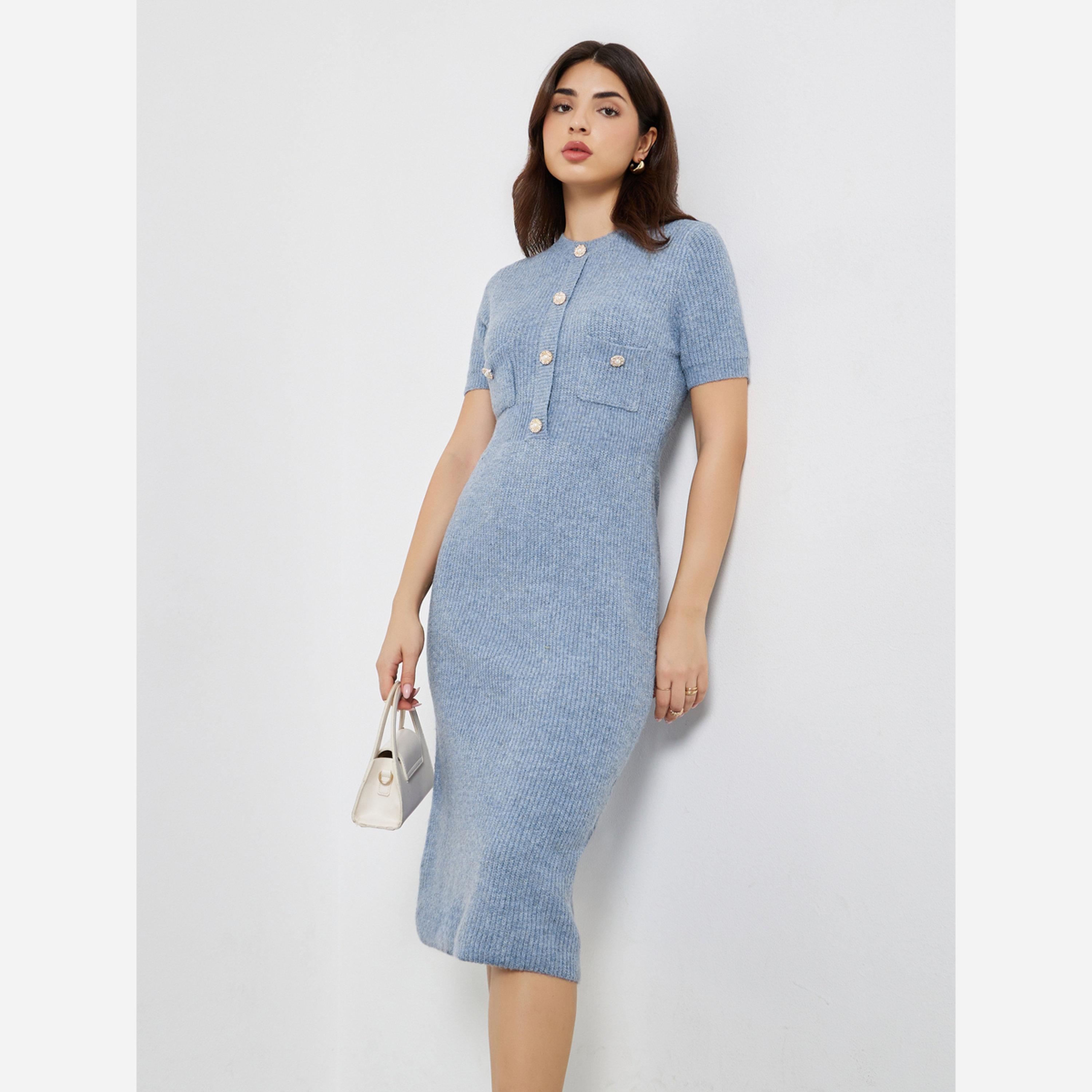 ستايلي - فستان متوسط الطول بأزراز لون أزرق-women-clothing-dresses-image-1