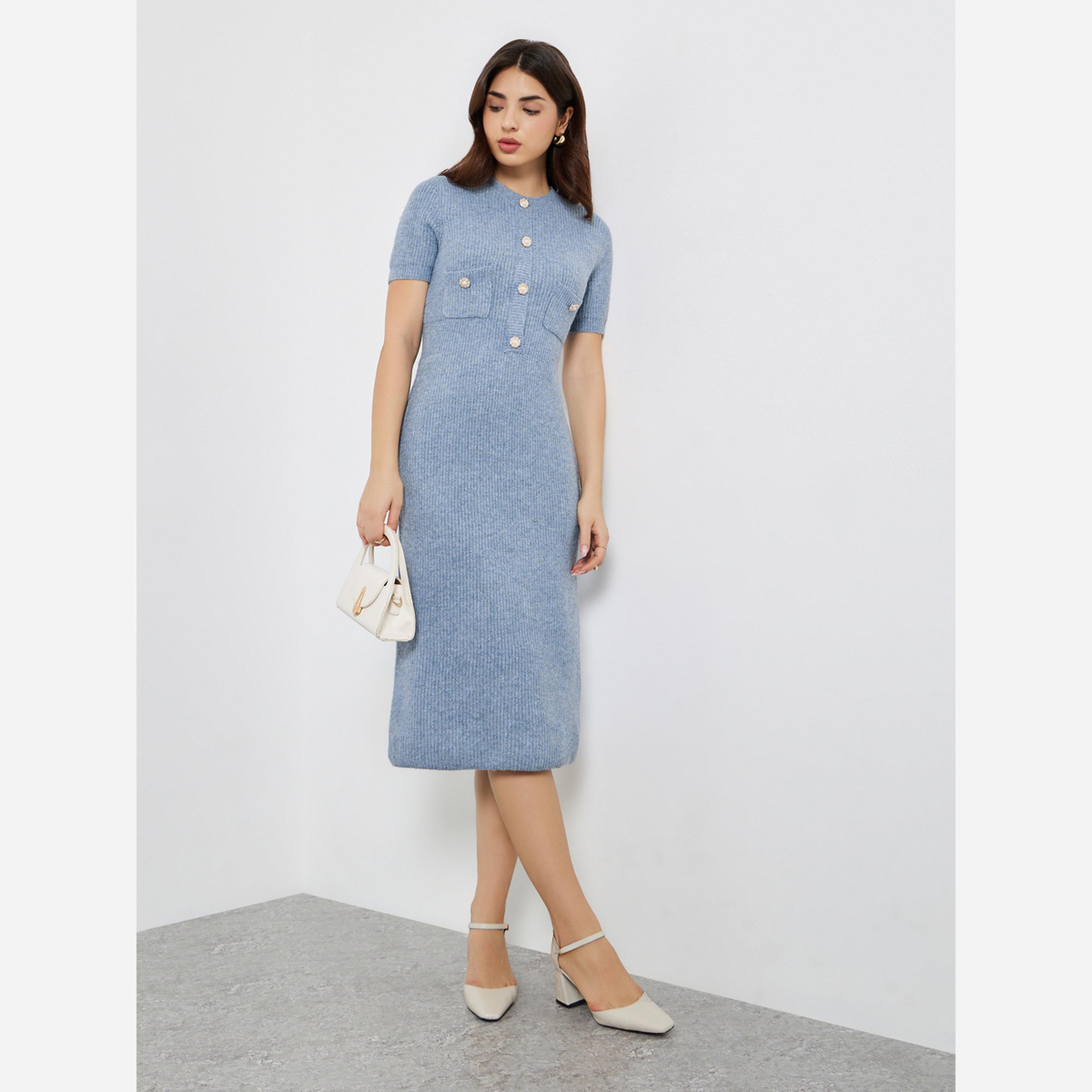 ستايلي - فستان متوسط الطول بأزراز لون أزرق-women-clothing-dresses-image-2