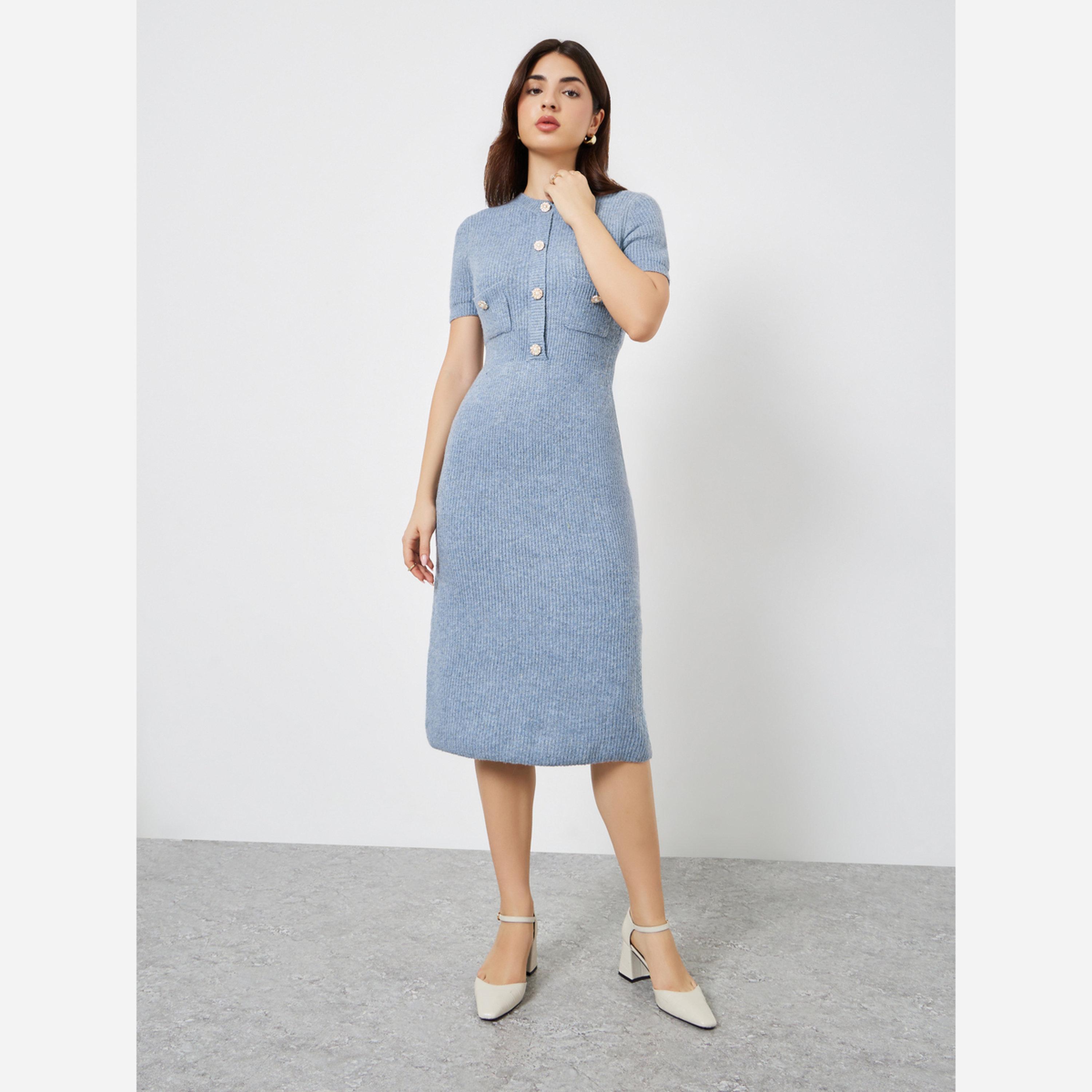 ستايلي - فستان متوسط الطول بأزراز لون أزرق-women-clothing-dresses-image-3