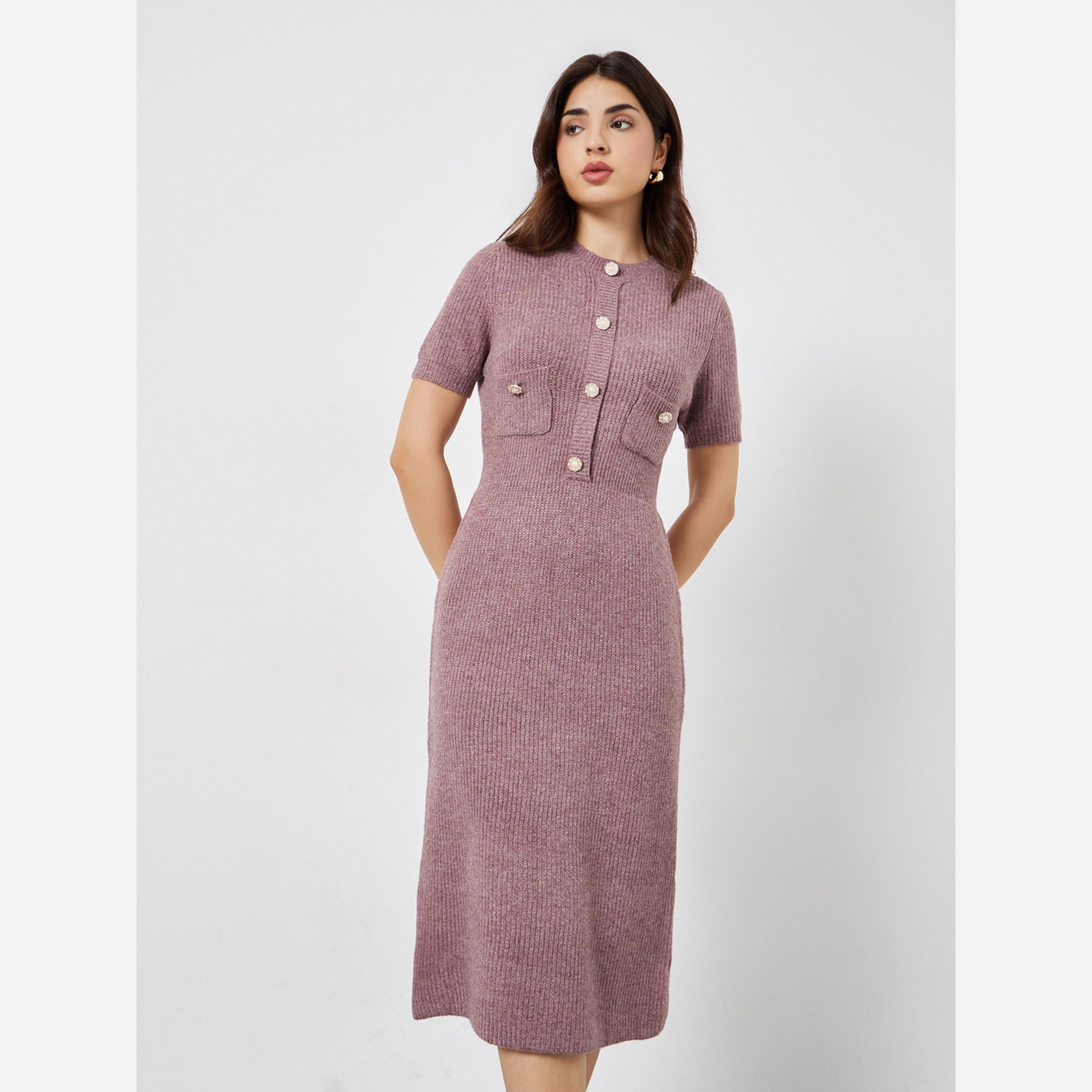 ستايلي - فستان متوسط الطول وردي محبوك بتفاصيل أزرار-women-clothing-dresses-image-1