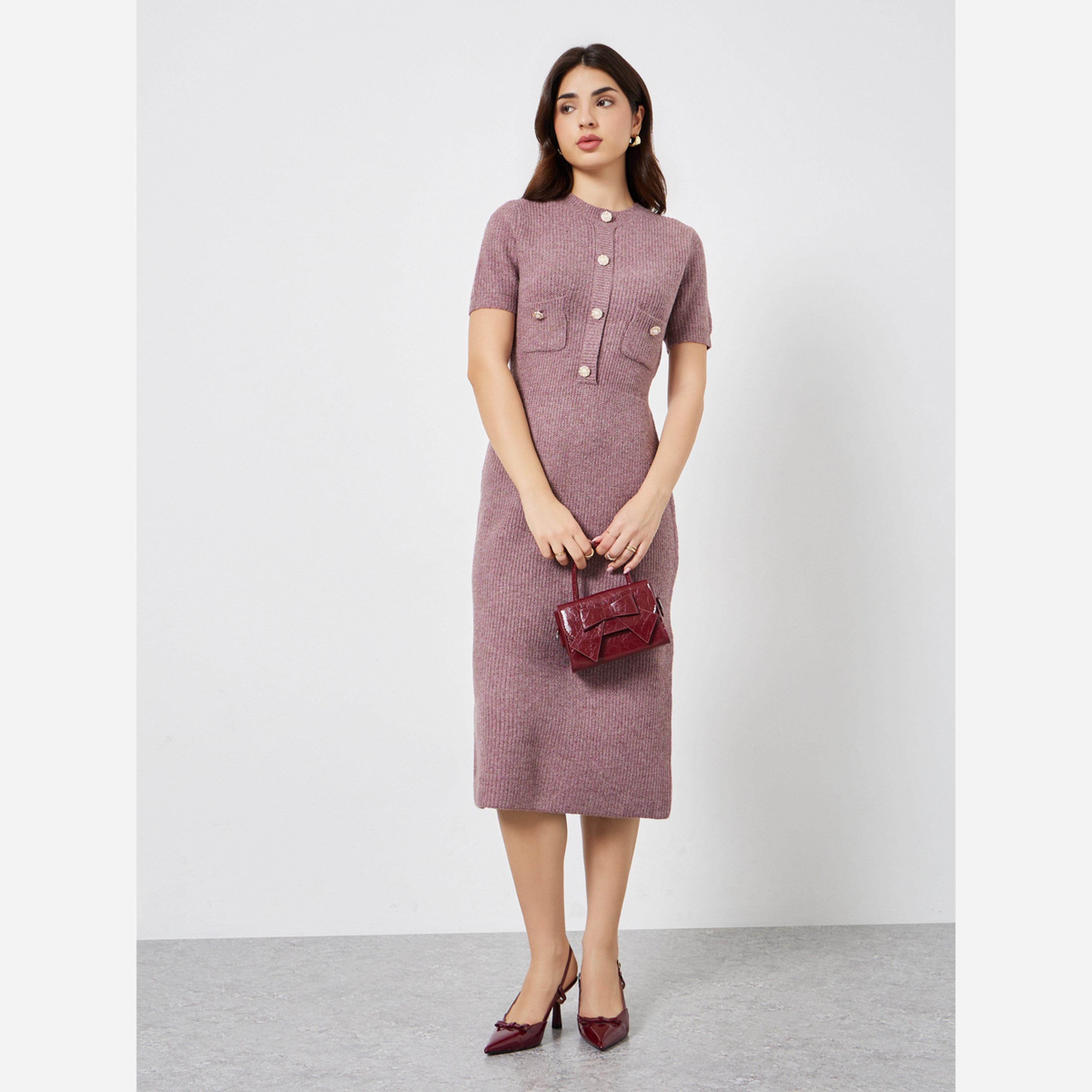 ستايلي - فستان متوسط الطول وردي محبوك بتفاصيل أزرار-women-clothing-dresses-image-2