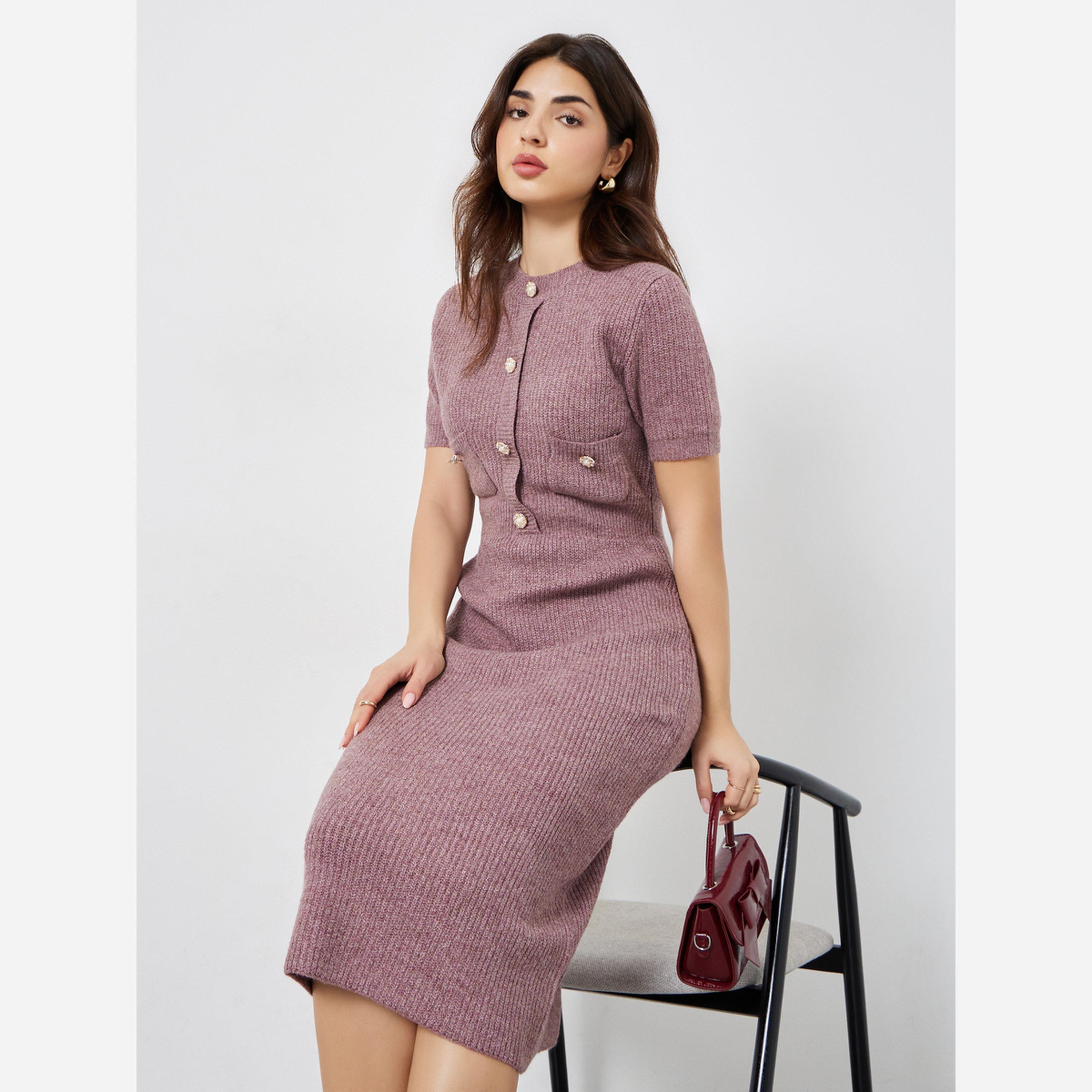 Styli Pink Knit Midi Dress with Button Detail-women-clothing-dresses-image-3