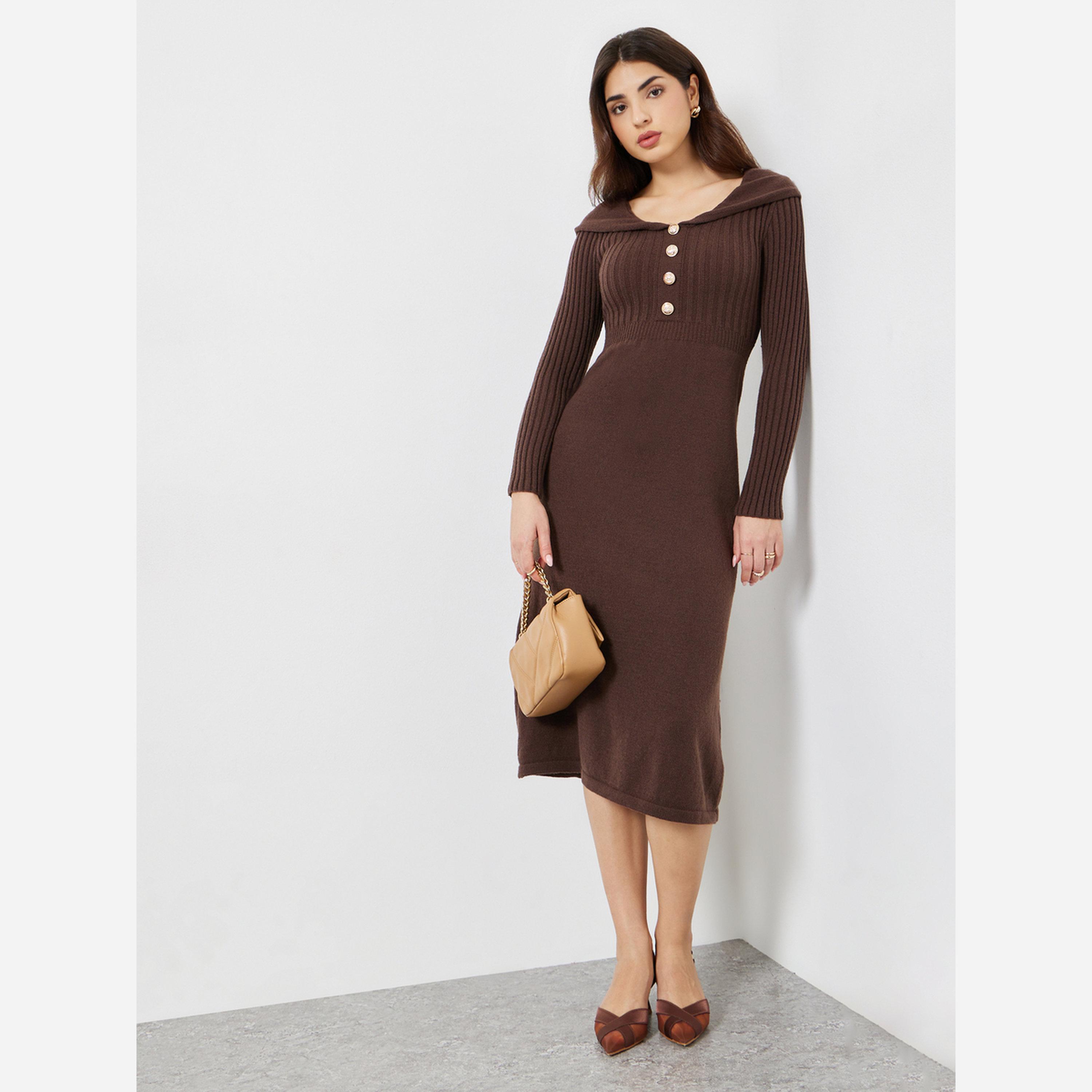 ستايلي - فستان متوسط الطول بني أكمام طويلة-women-clothing-dresses-image-1