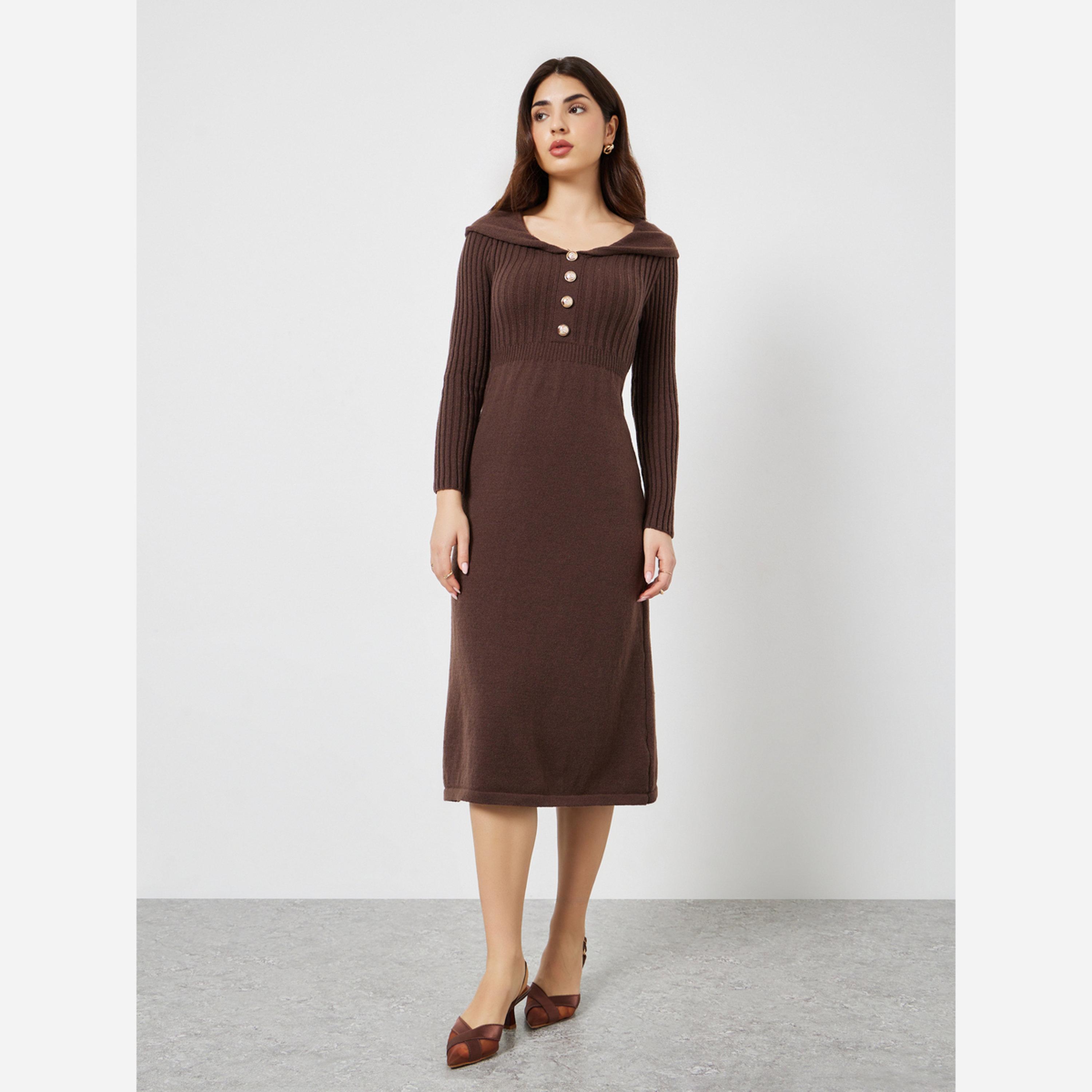 ستايلي - فستان متوسط الطول بني أكمام طويلة-women-clothing-dresses-image-2