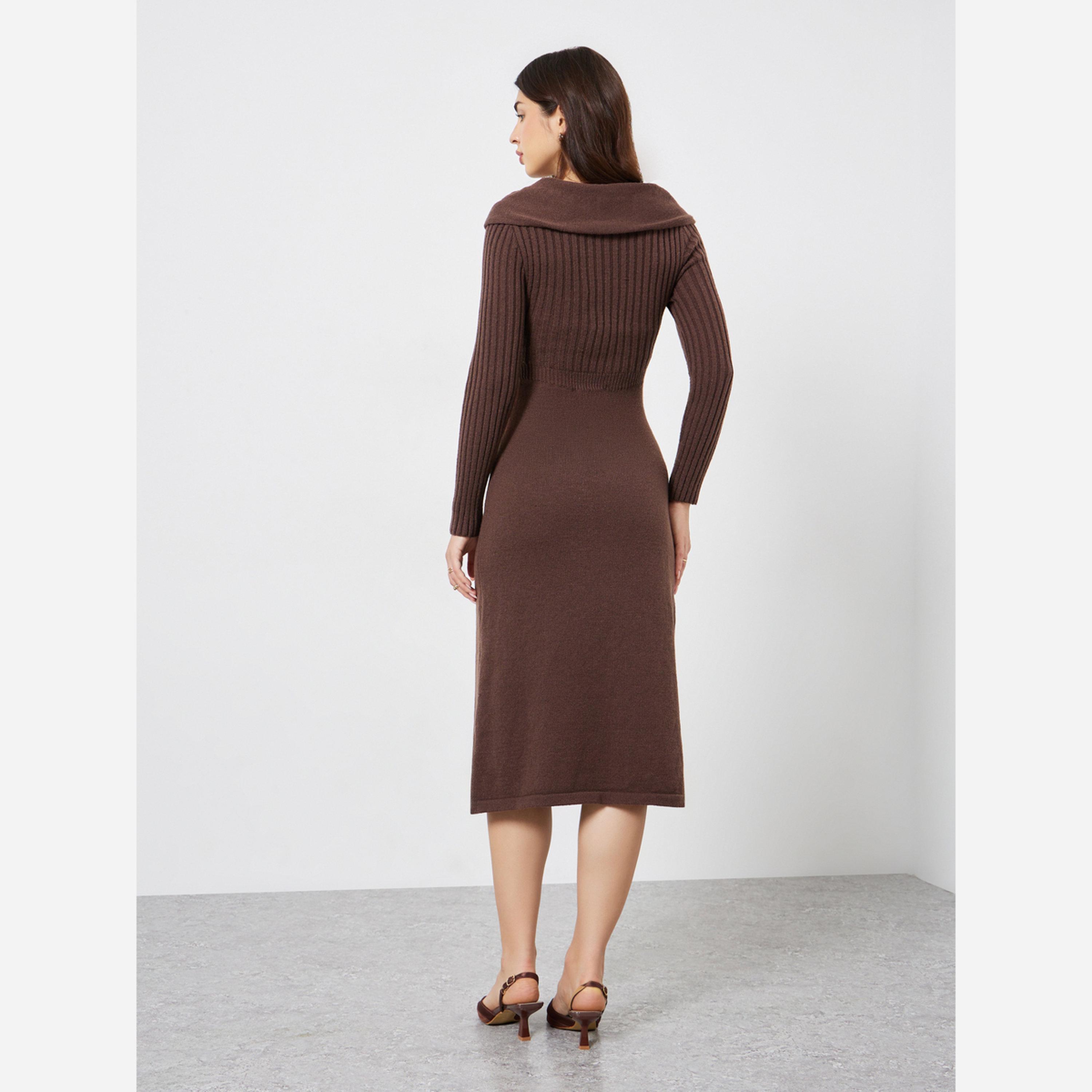 ستايلي - فستان متوسط الطول بني أكمام طويلة-women-clothing-dresses-image-3