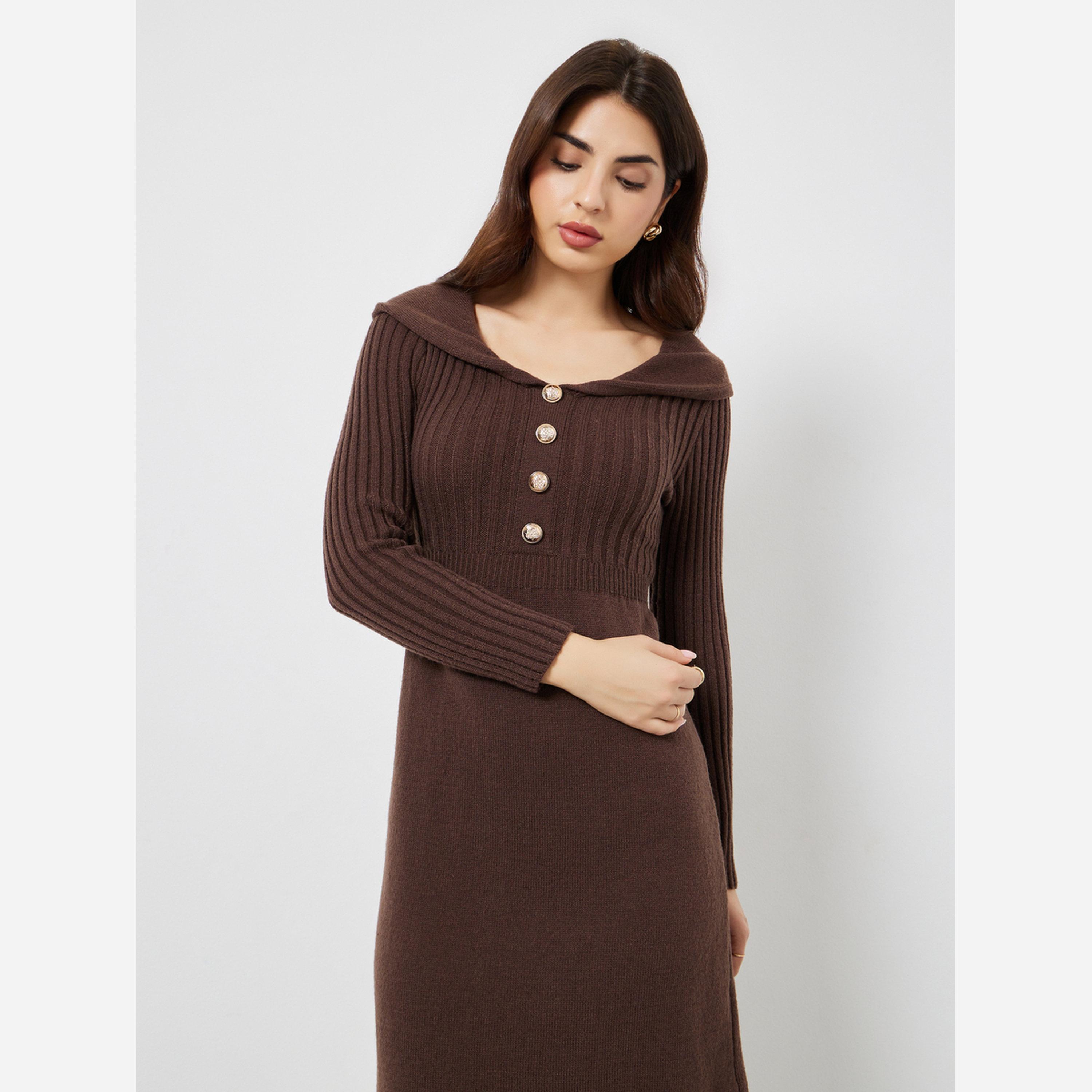 ستايلي - فستان متوسط الطول بني أكمام طويلة-women-clothing-dresses-image-4